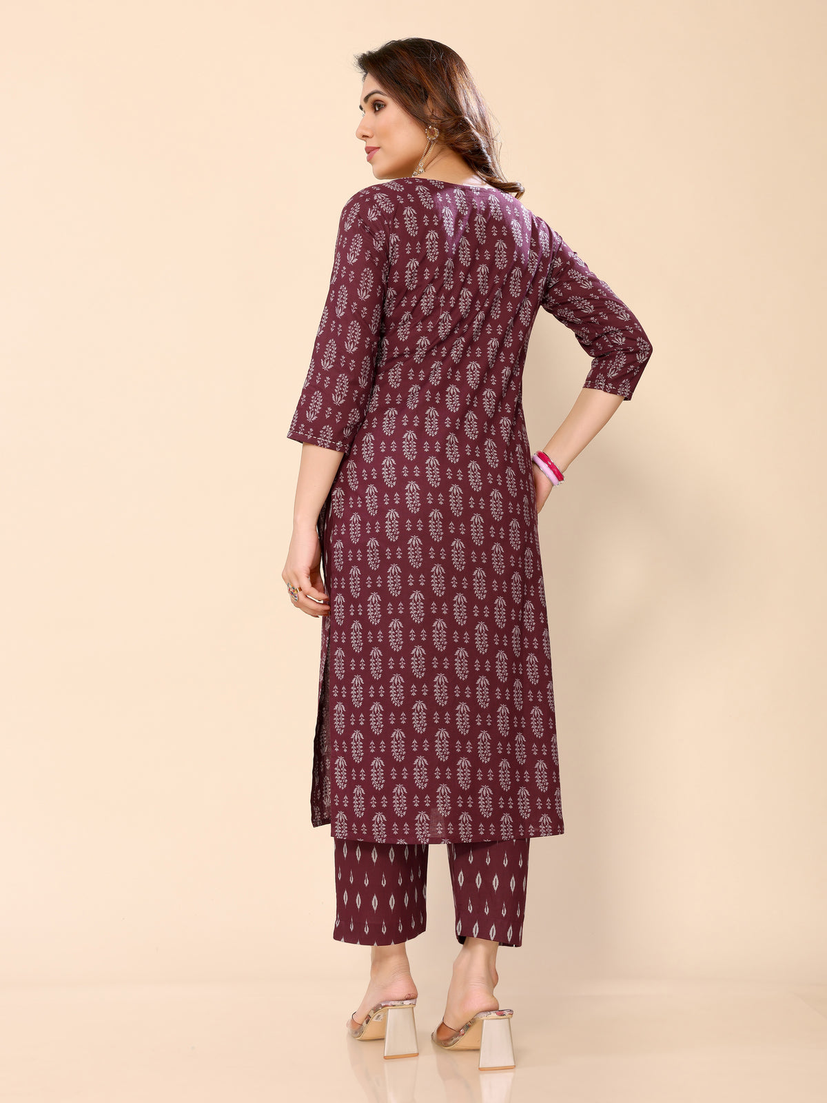 Mauve Floral Printed Cotton Kurta with Trouser Pant