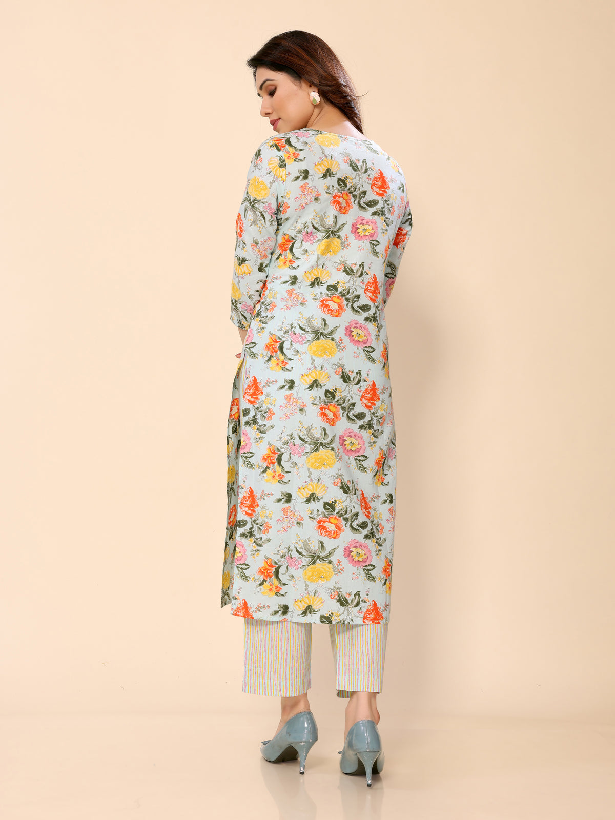 Light Blue Floral Printed Cotton Kurta with Trousers