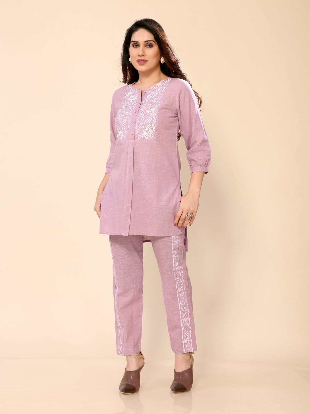 Pink Neck Yoke Embroidery Cotton Co-ords Set