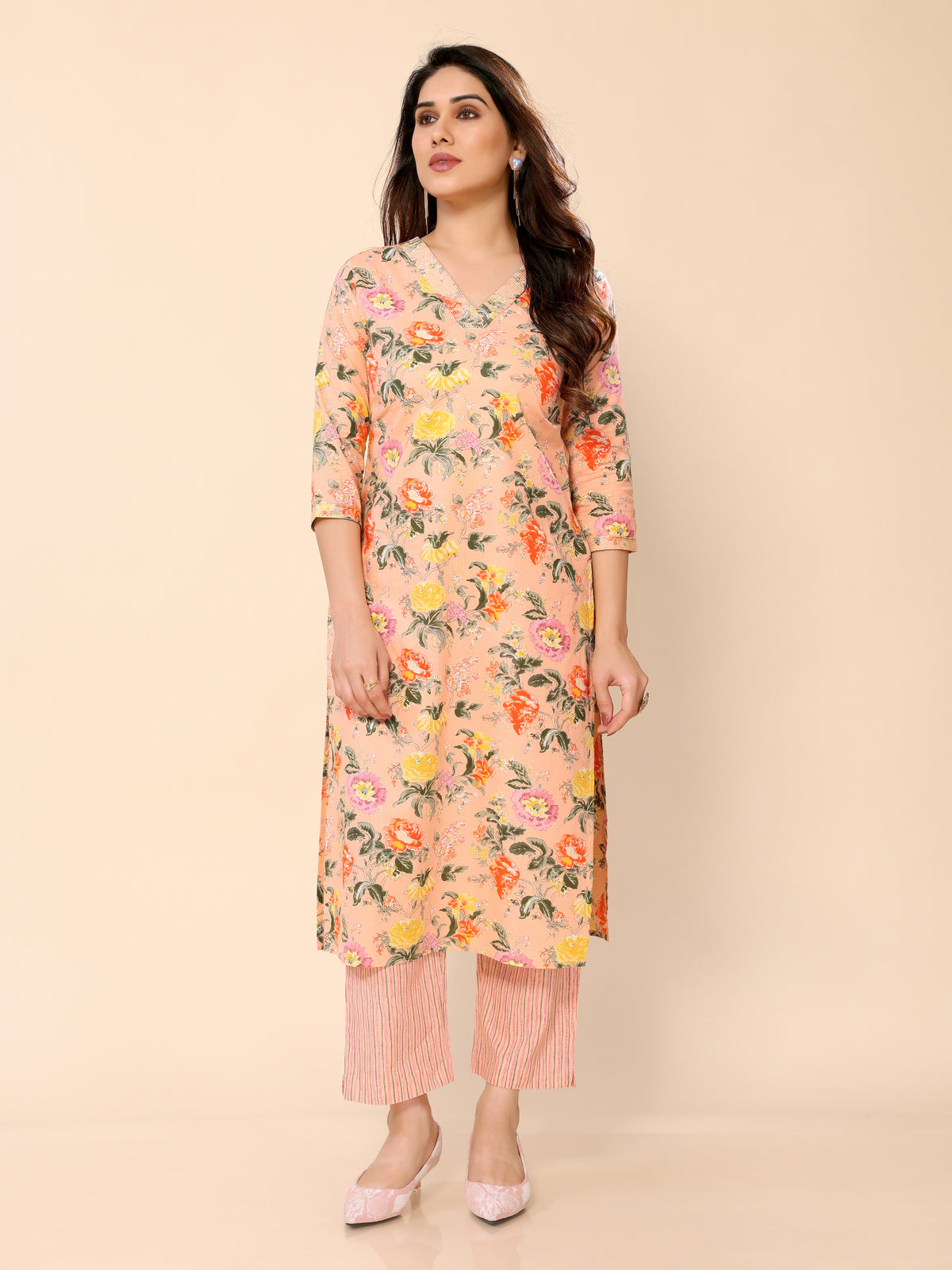 Peach Regular Fit Floral Printed Cotton Straight Kurti with Pant