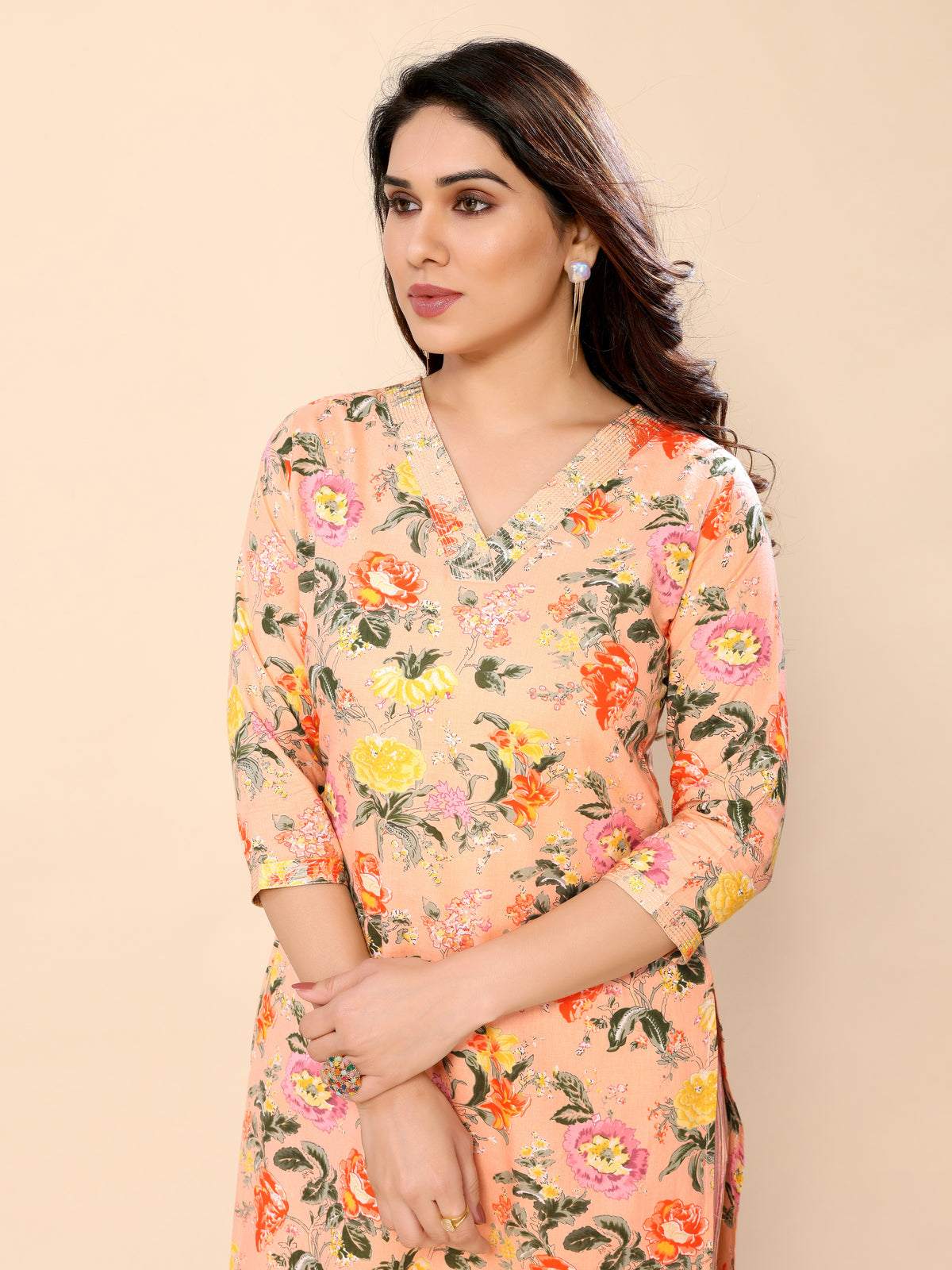 Peach Regular Fit Floral Printed Cotton Straight Kurti with Pant