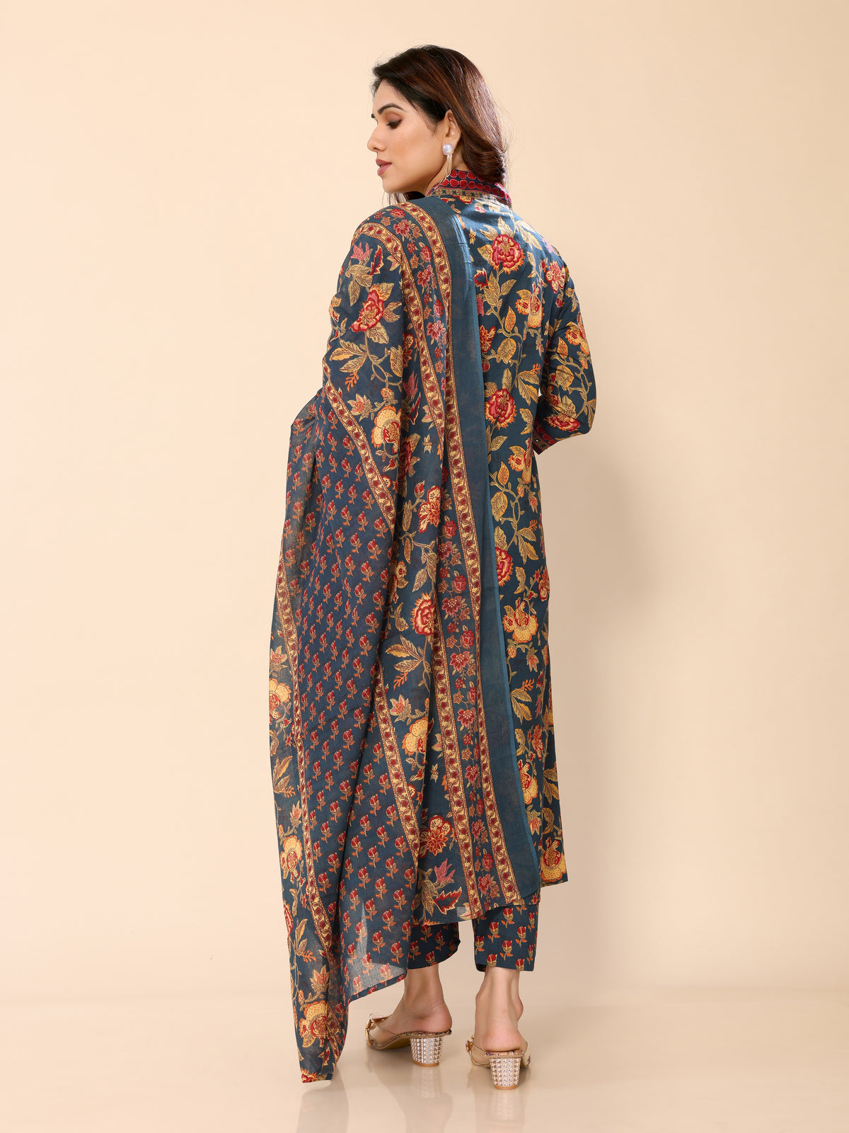 Teal Blue Cotton Floral Printed Kurta Pant & Dupatta Set