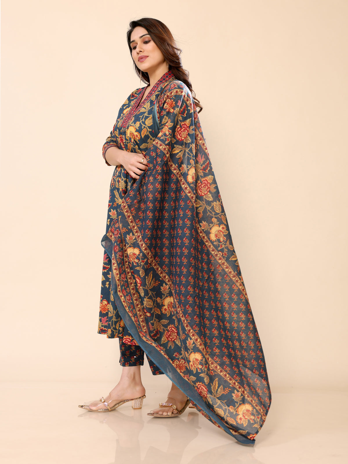 Teal Blue Cotton Floral Printed Kurta Pant & Dupatta Set