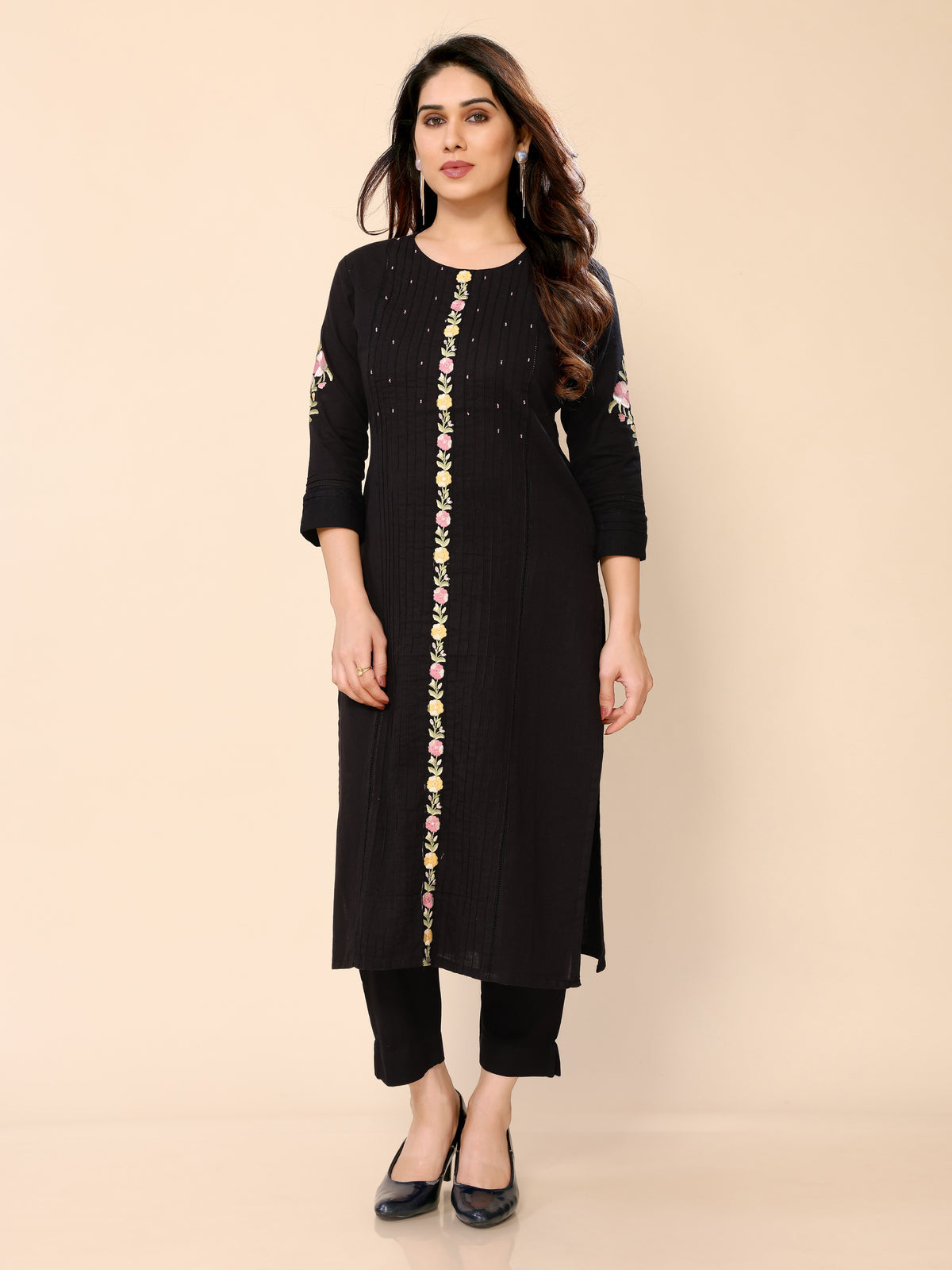 Black Cotton Floral Embroidered Thread Work Kurta with Trousers