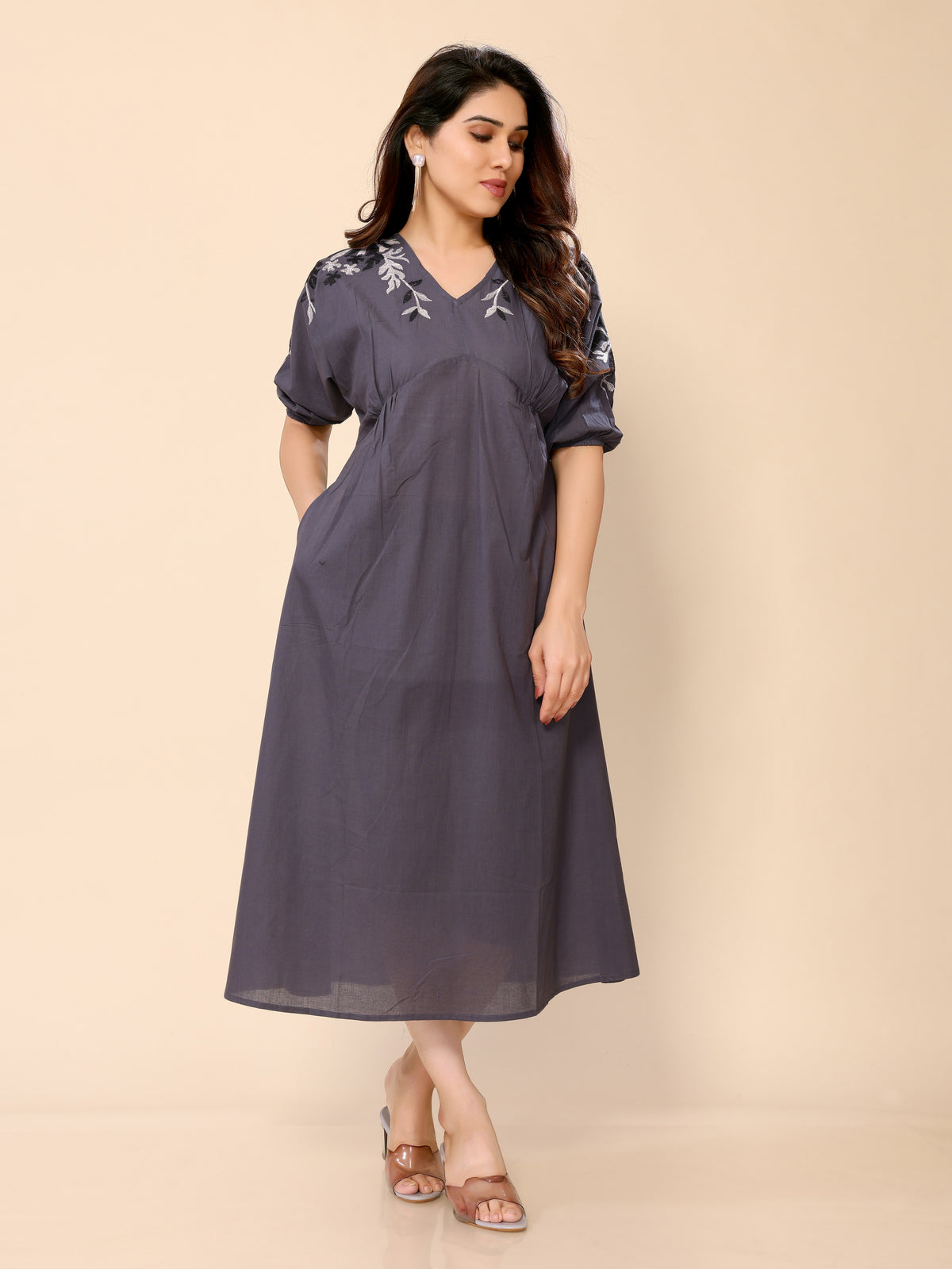 Grey Cotton Floral Embroidery Gown One Piece Dress