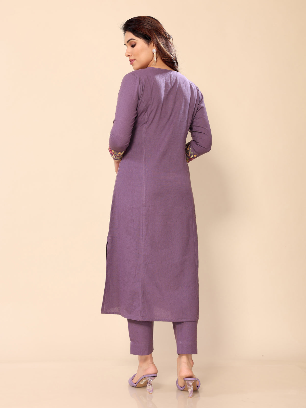 Purple Floral Embroidery Cotton Kurta with Trouser Pant