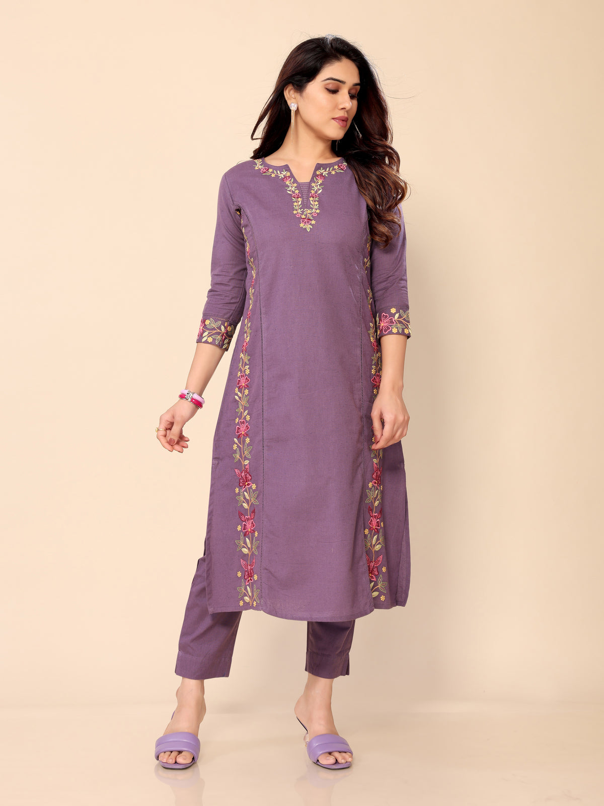 Purple Floral Embroidery Cotton Kurta with Trouser Pant