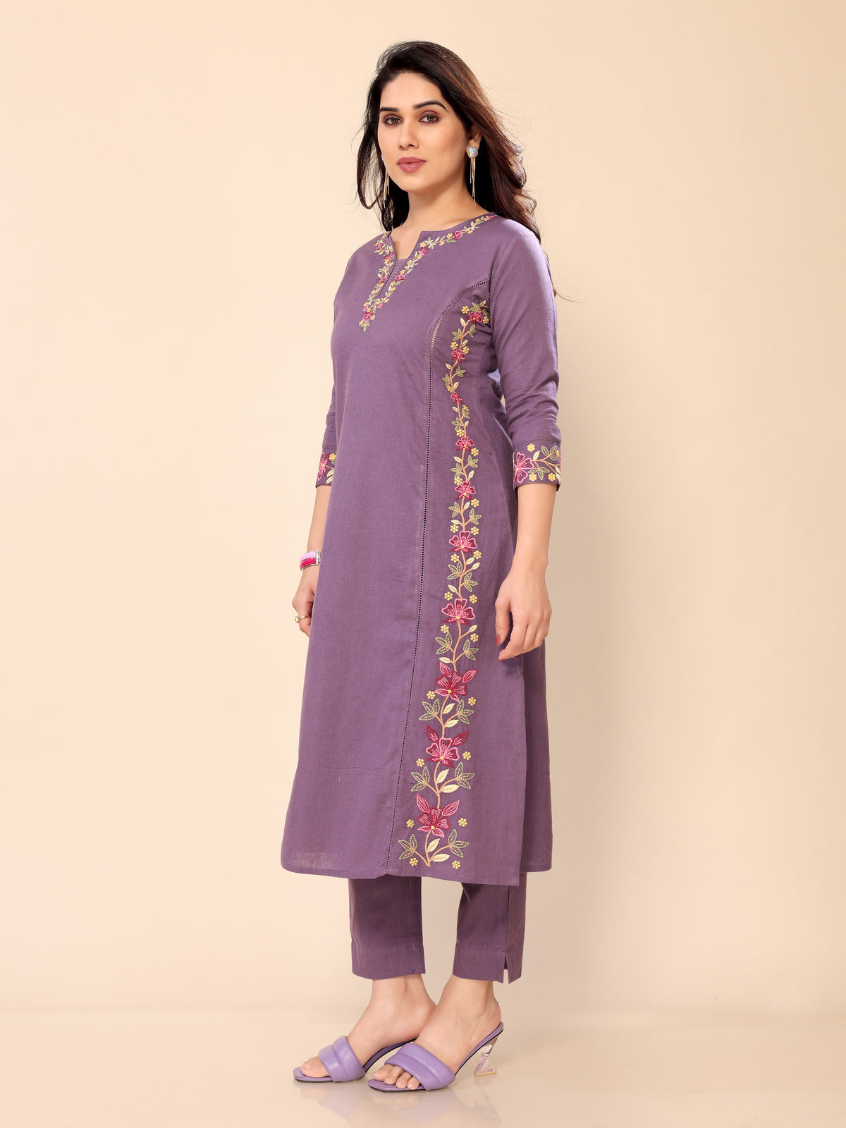 Purple Floral Embroidery Cotton Kurta with Trouser Pant