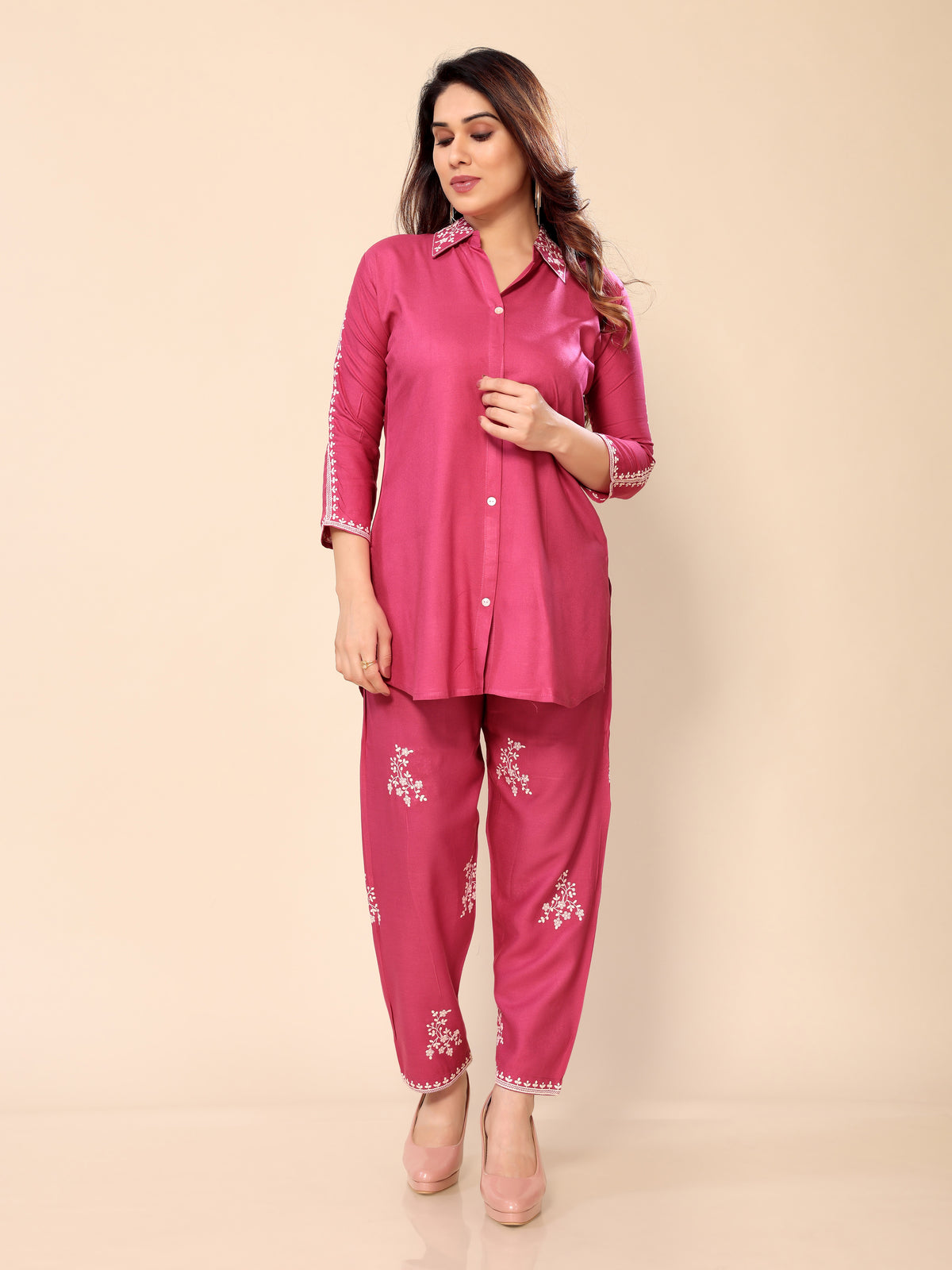 Pink Neck Embroidery Cotton Co-ords Set