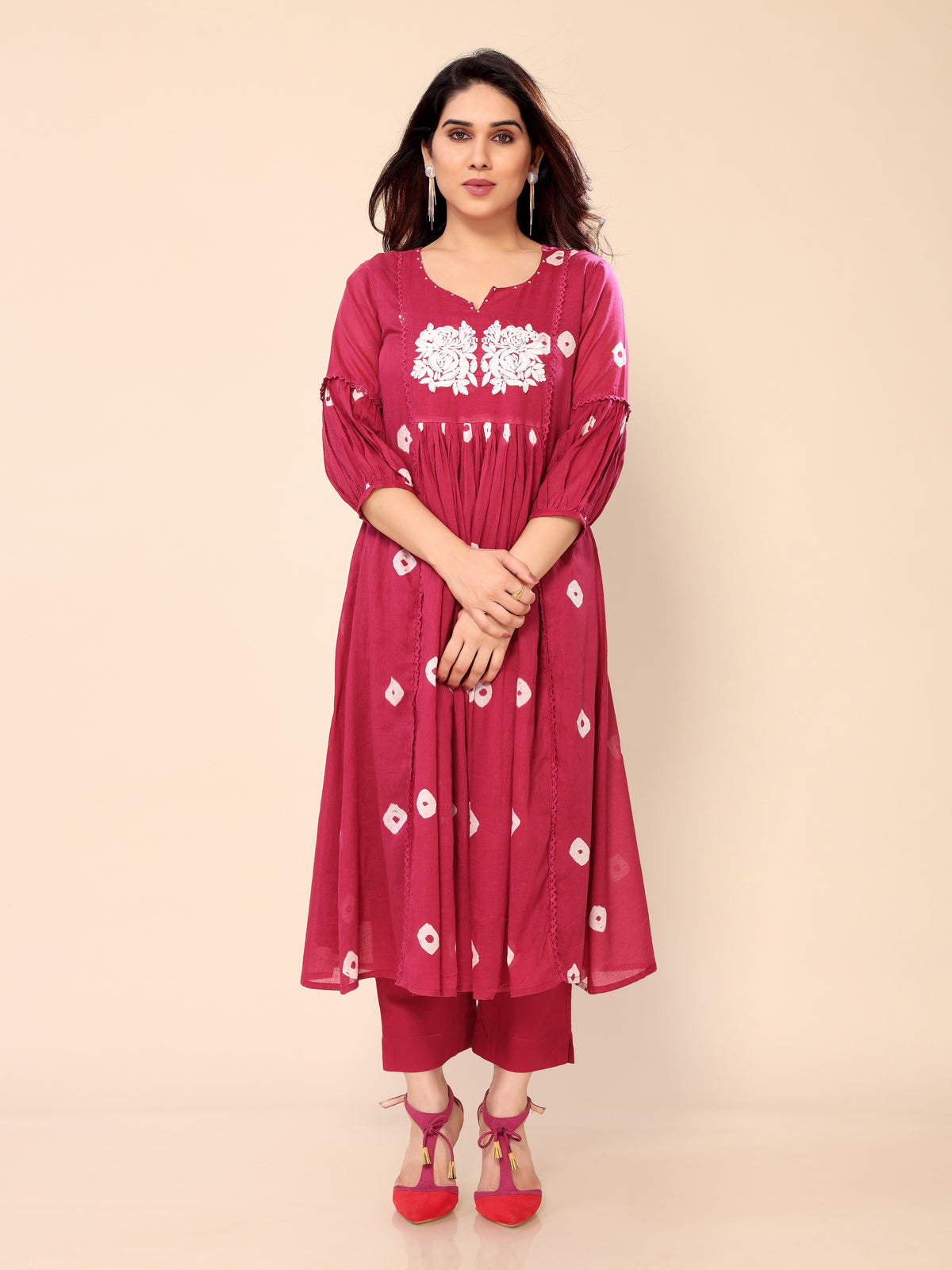 Red Mul Cotton Bandhani Print & Stitch Work Kurta with Pant