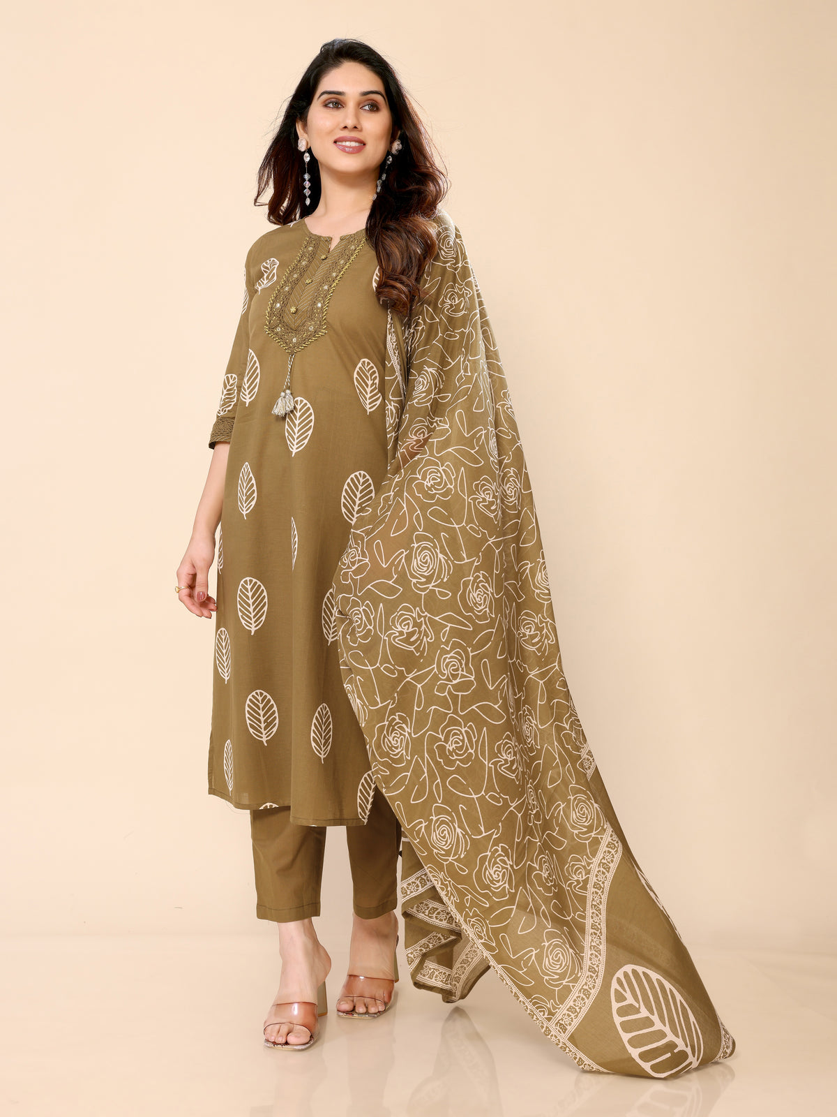 Mehendi Green Cotton Printed Kurta Pant & Dupatta Set