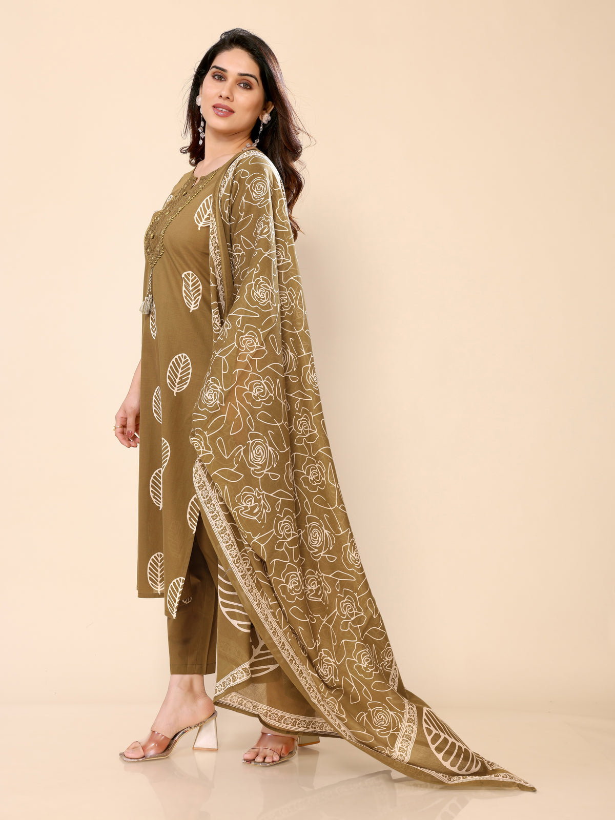 Mehendi Green Cotton Printed Kurta Pant & Dupatta Set