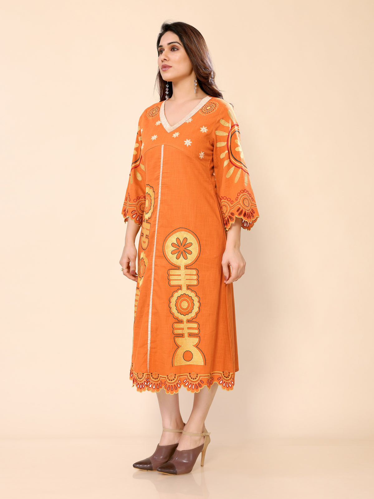 Orange Abstract Floral Embroidery Cotton Gown One Piece Dress