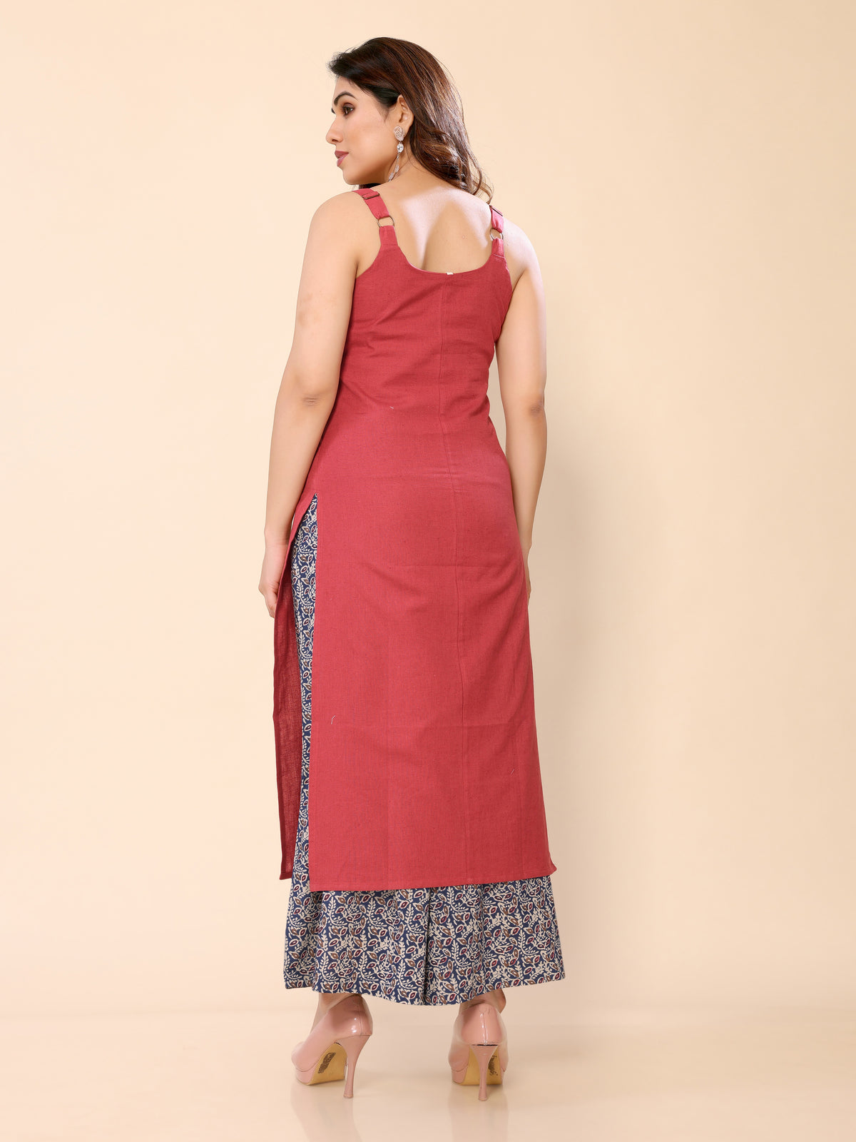 Red Sleveeless Modern Kurti Palazzo Set in Cotton