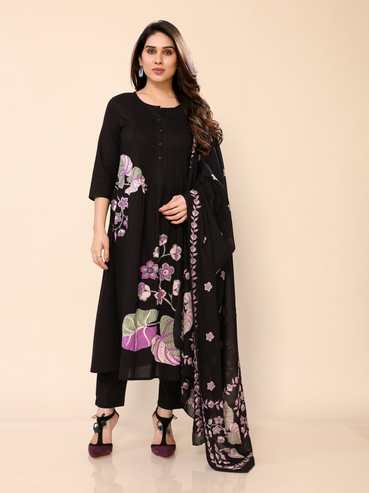 Black Floral Embroidery Cotton Angrakha Style Kurta Pant Dupatta Set