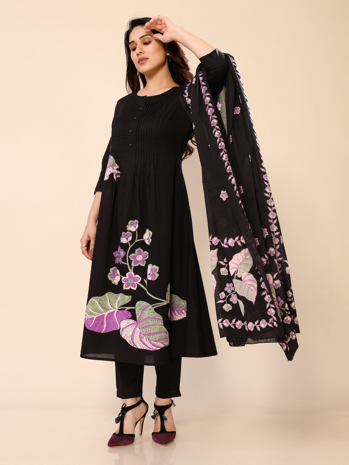 Black Floral Embroidery Cotton Angrakha Style Kurta Pant Dupatta Set