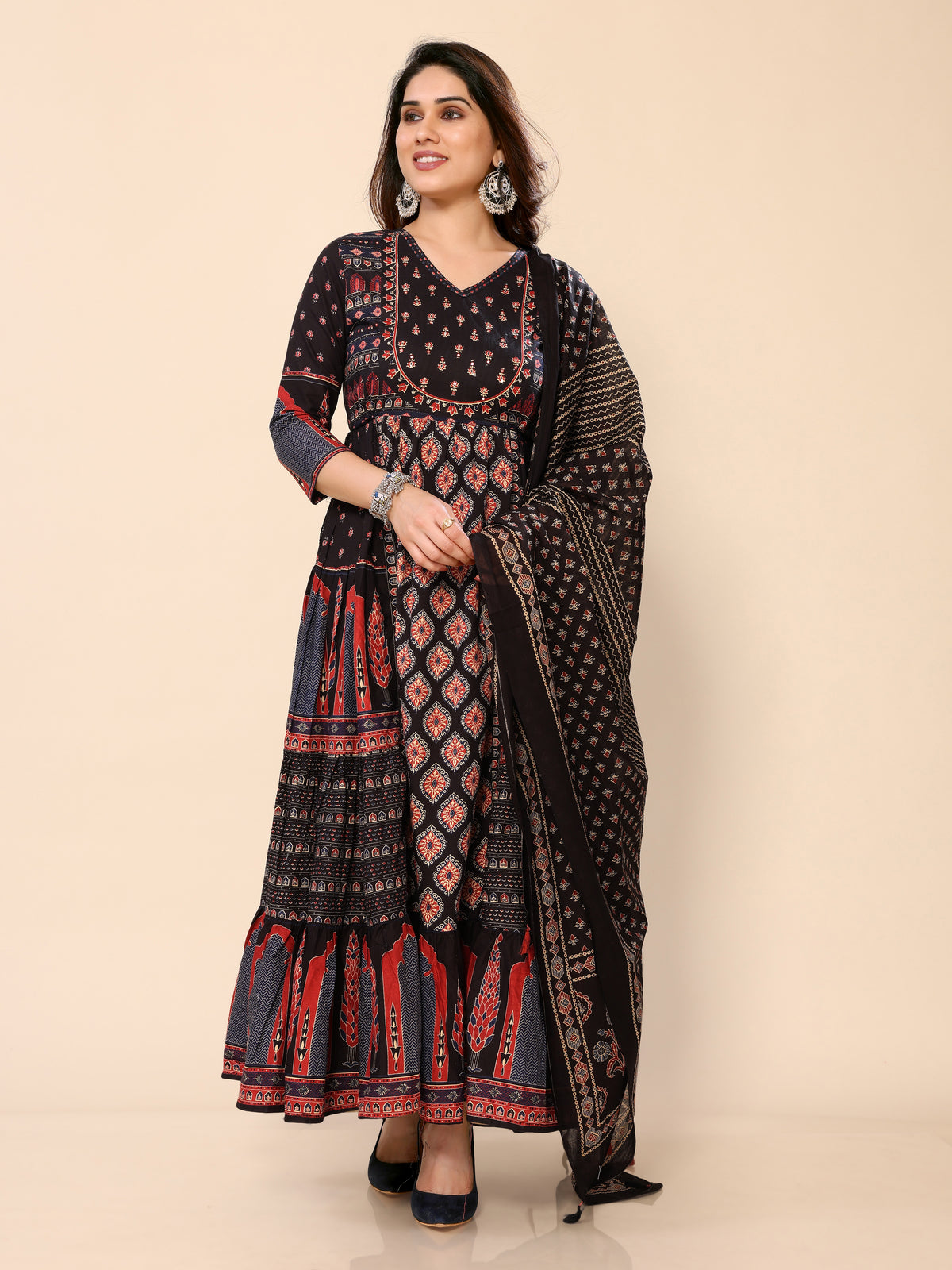 Black Long Flared Printed Kurta Pant & Dupatta Set