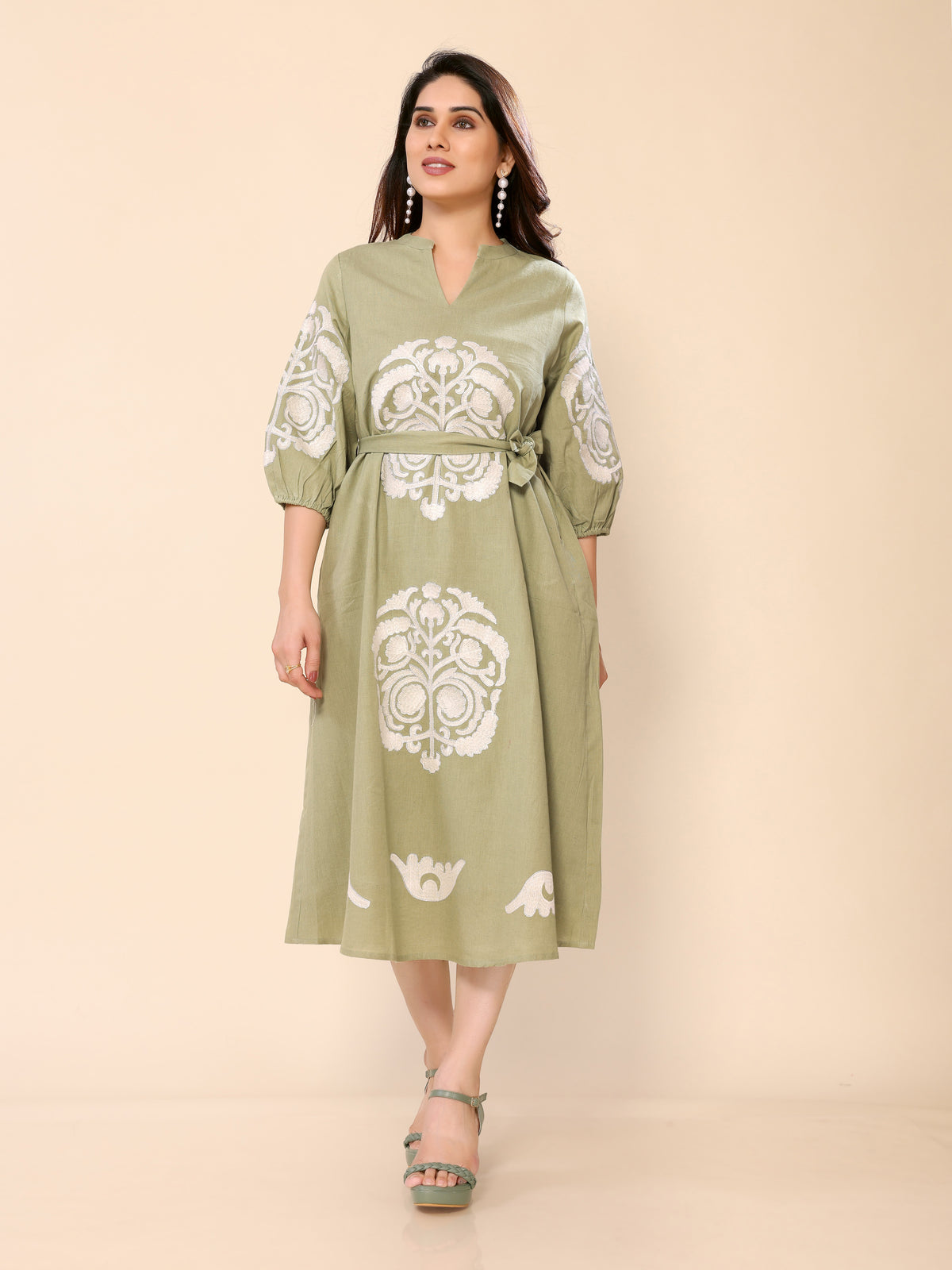 Green Floral Embroidery cotton Gown One Piece Dress