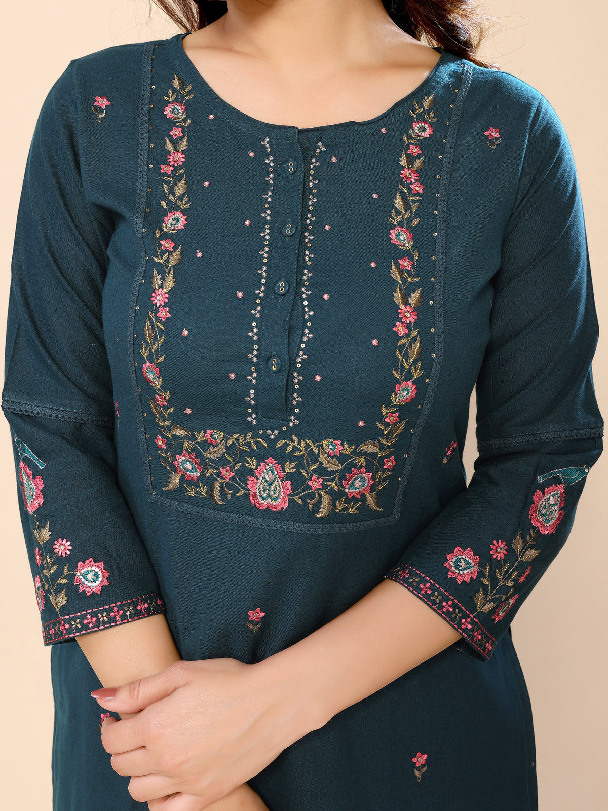 Teal Blue Floral Embroidery Cotton Kurta with Trouser Pant