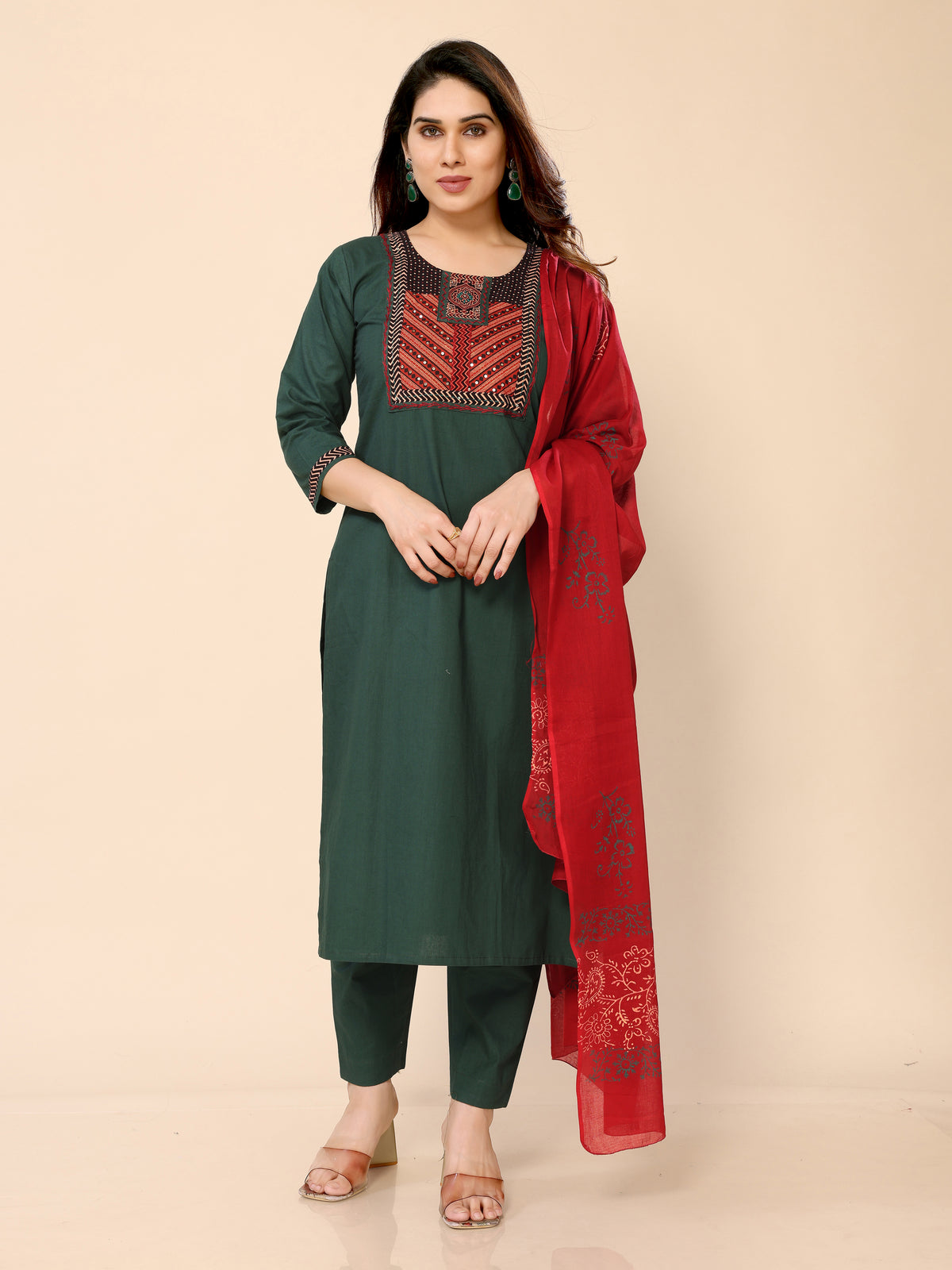 Dark Green Embroidery Sequined Straight Kurta Pant & Dupatta Set