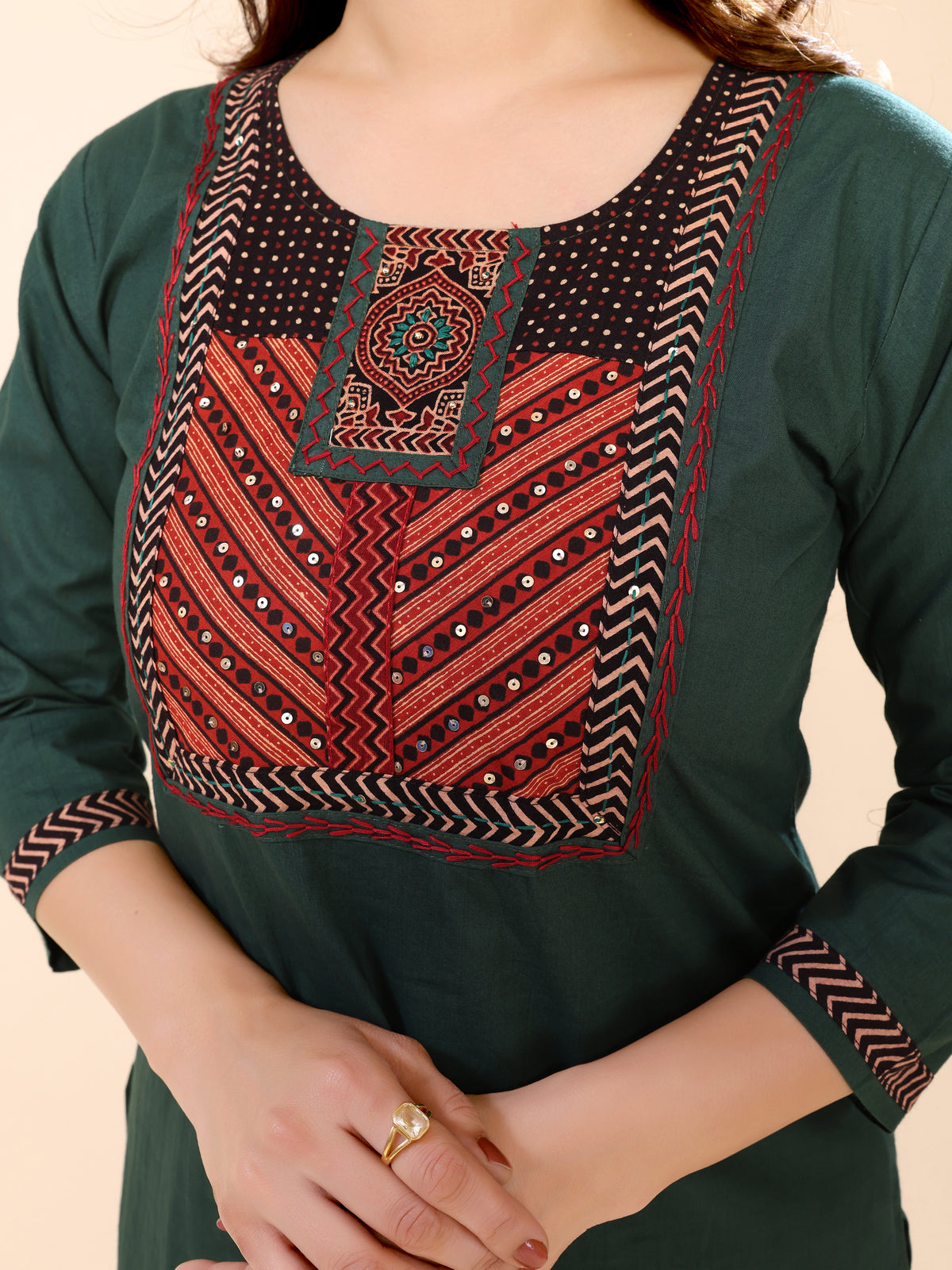 Dark Green Embroidery Sequined Straight Kurta Pant & Dupatta Set