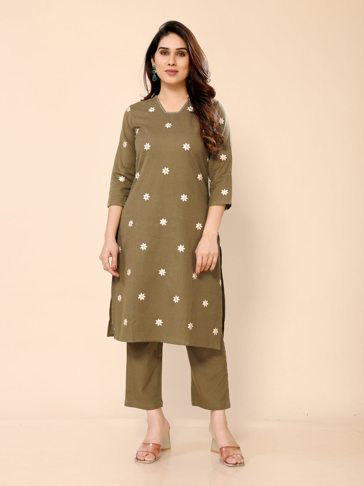 Green Floral Embroidered Cotton Kurta with Trouser Pant