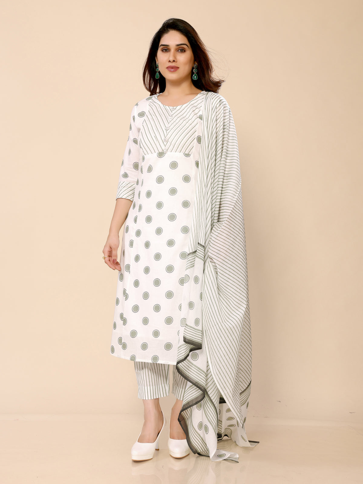 White Polka Stripes Printed Kurta Pant & Dupatta Set