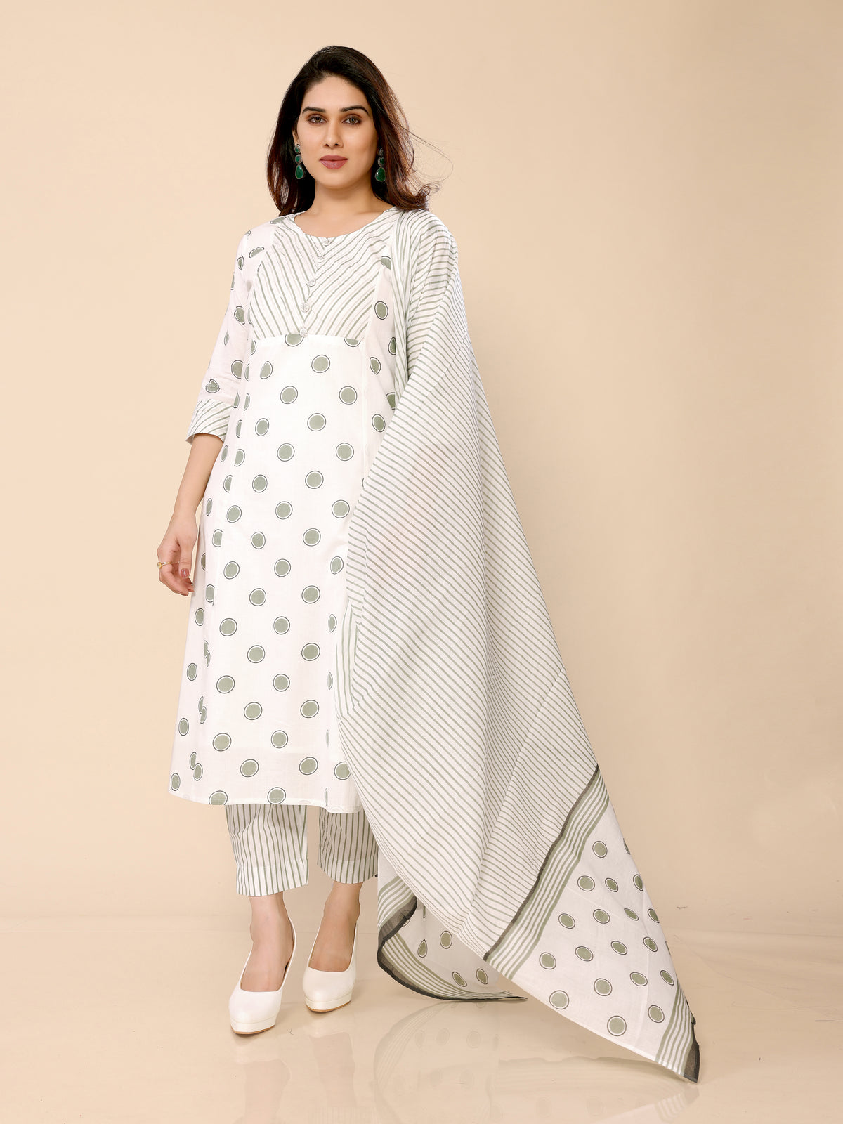 White Polka Stripes Printed Kurta Pant & Dupatta Set