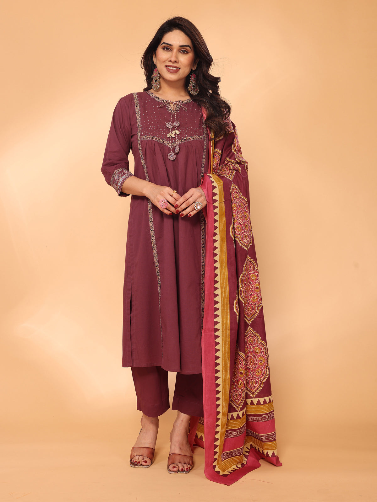 Maroon Straight Kurta Pant & Dupatta Set