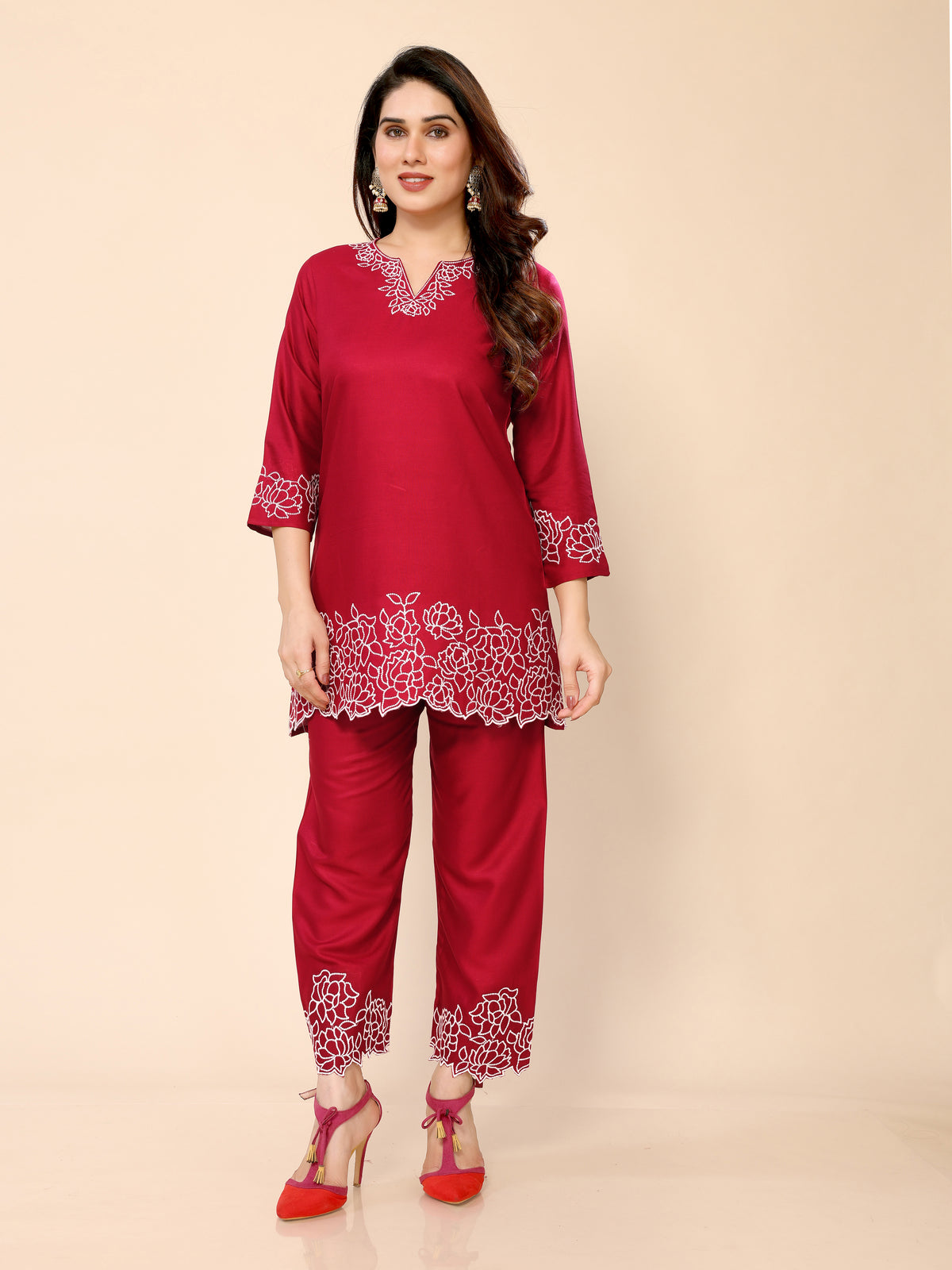 Red Floral Embroidery Cotton Co-ords Set