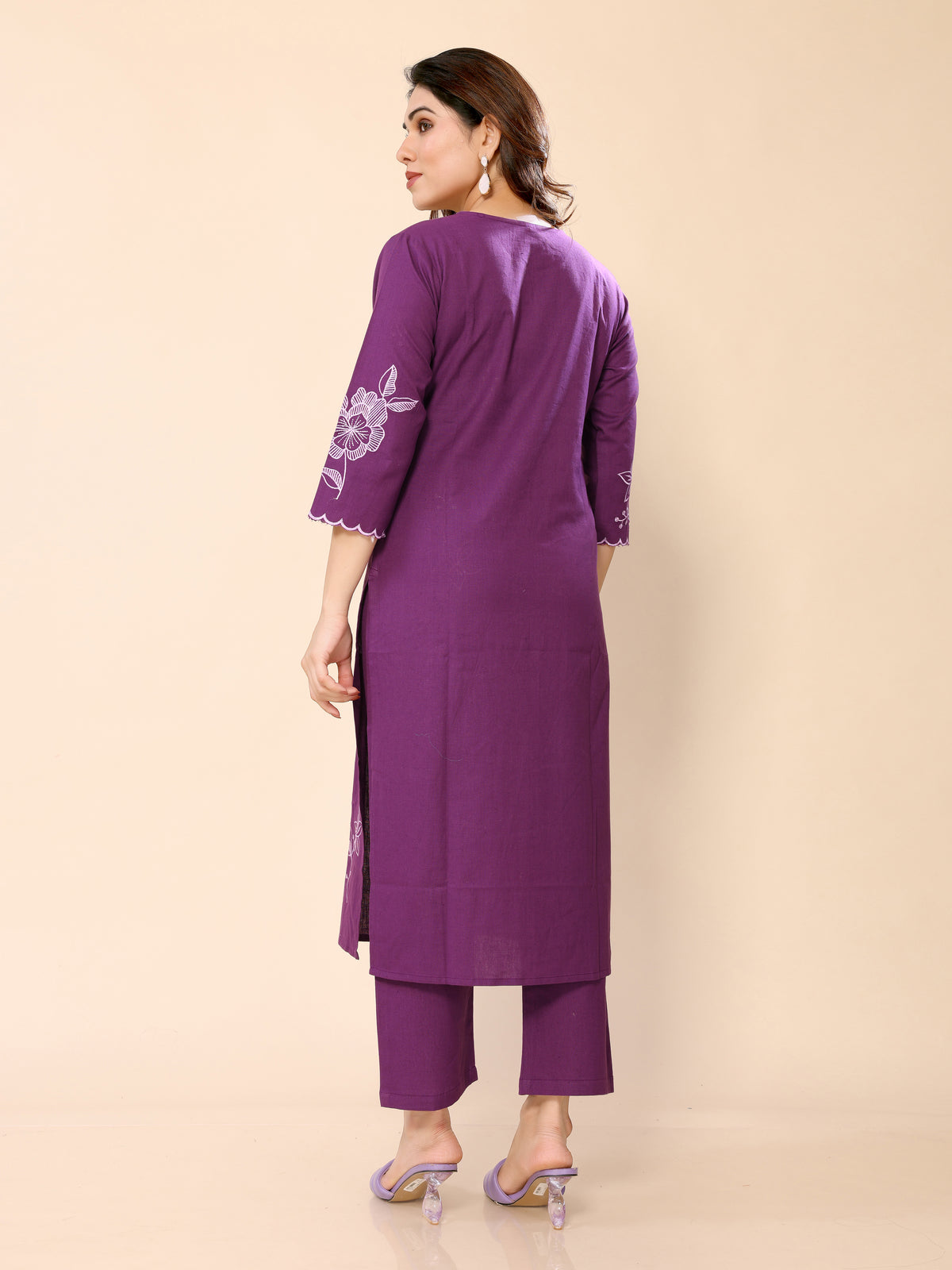 Purple Floral Embroidered Cotton Kurta with Trouser Pant