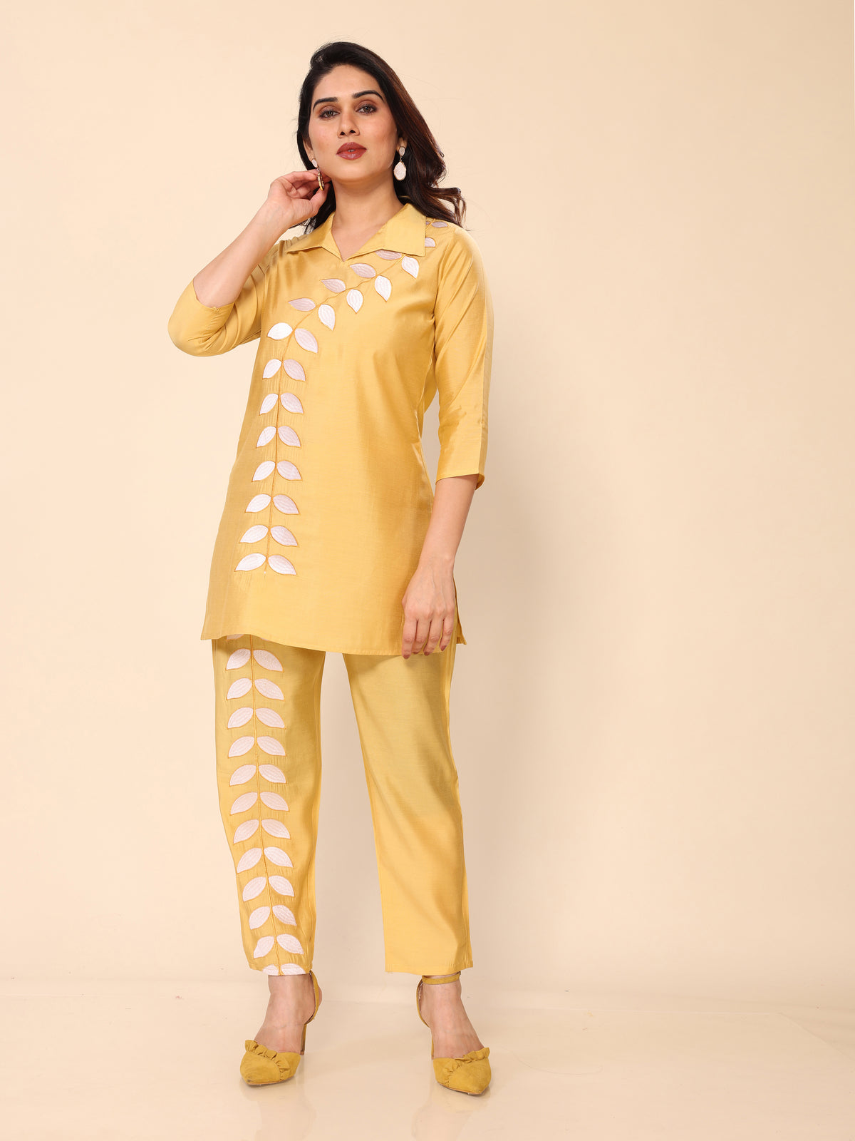 Yellow Floral Embroidery Cotton Co-ords Set