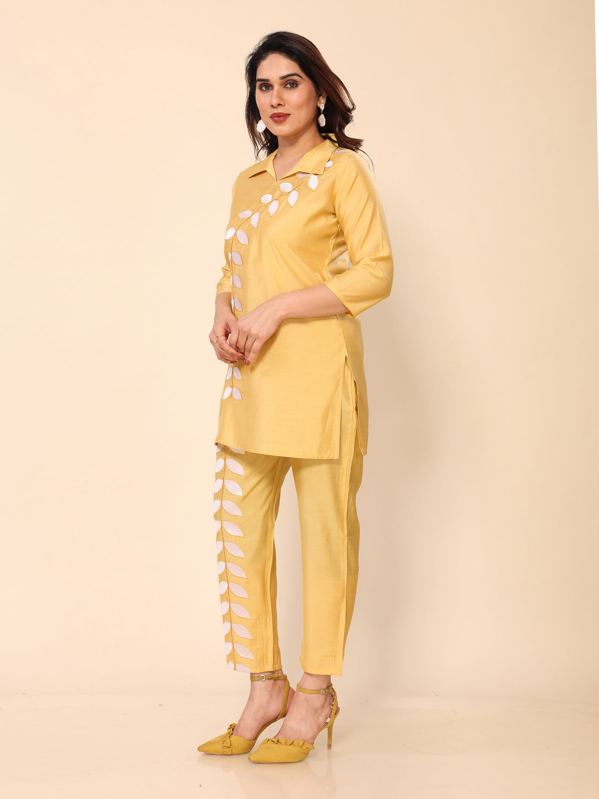 Yellow Floral Embroidery Cotton Co-ords Set