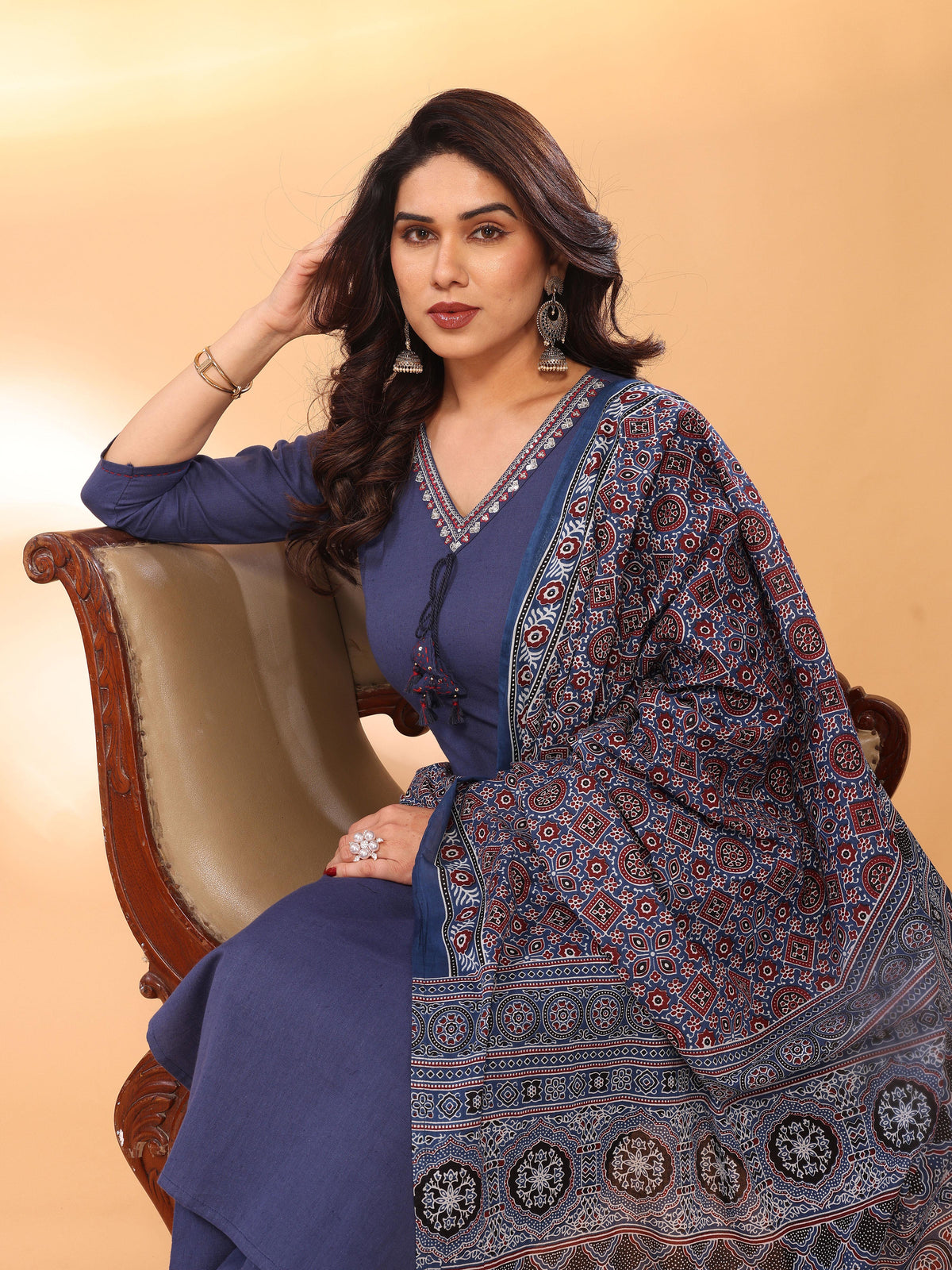 Navy Blue Straight Kurta Pant & Dupatta Set