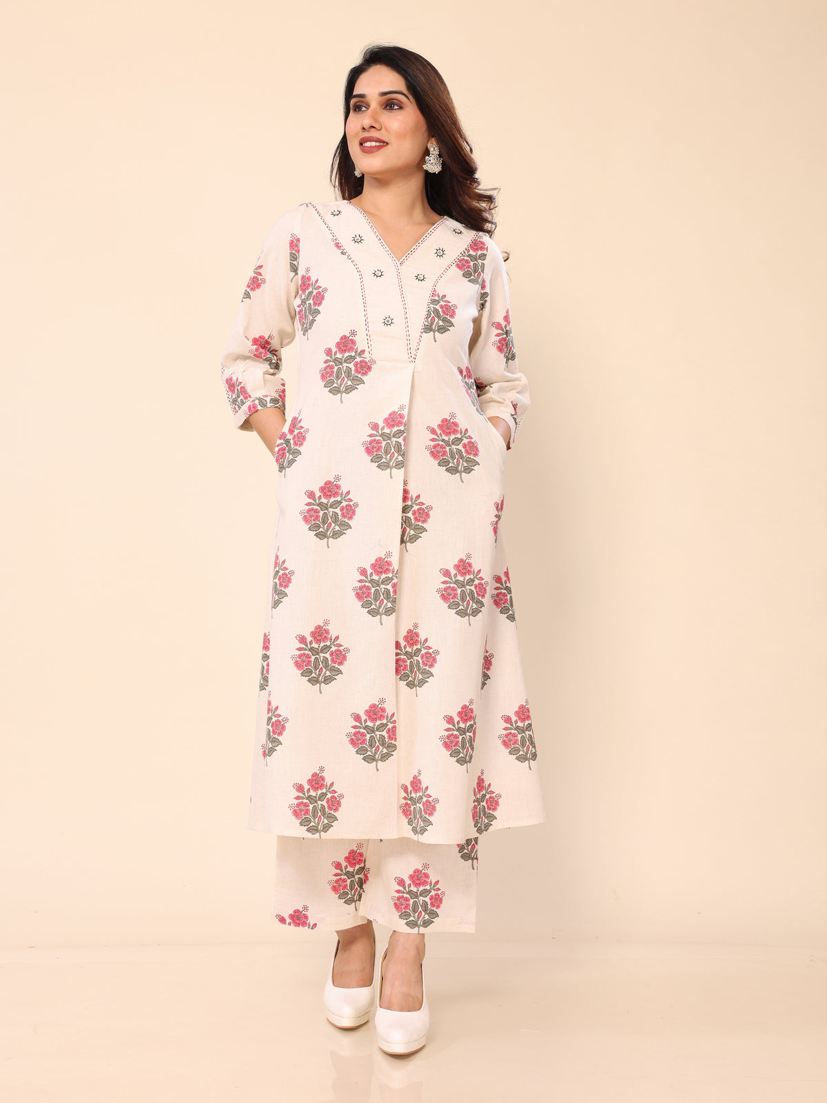 Beige Floral Printed Khadi Cotton Kurta with Palazzo
