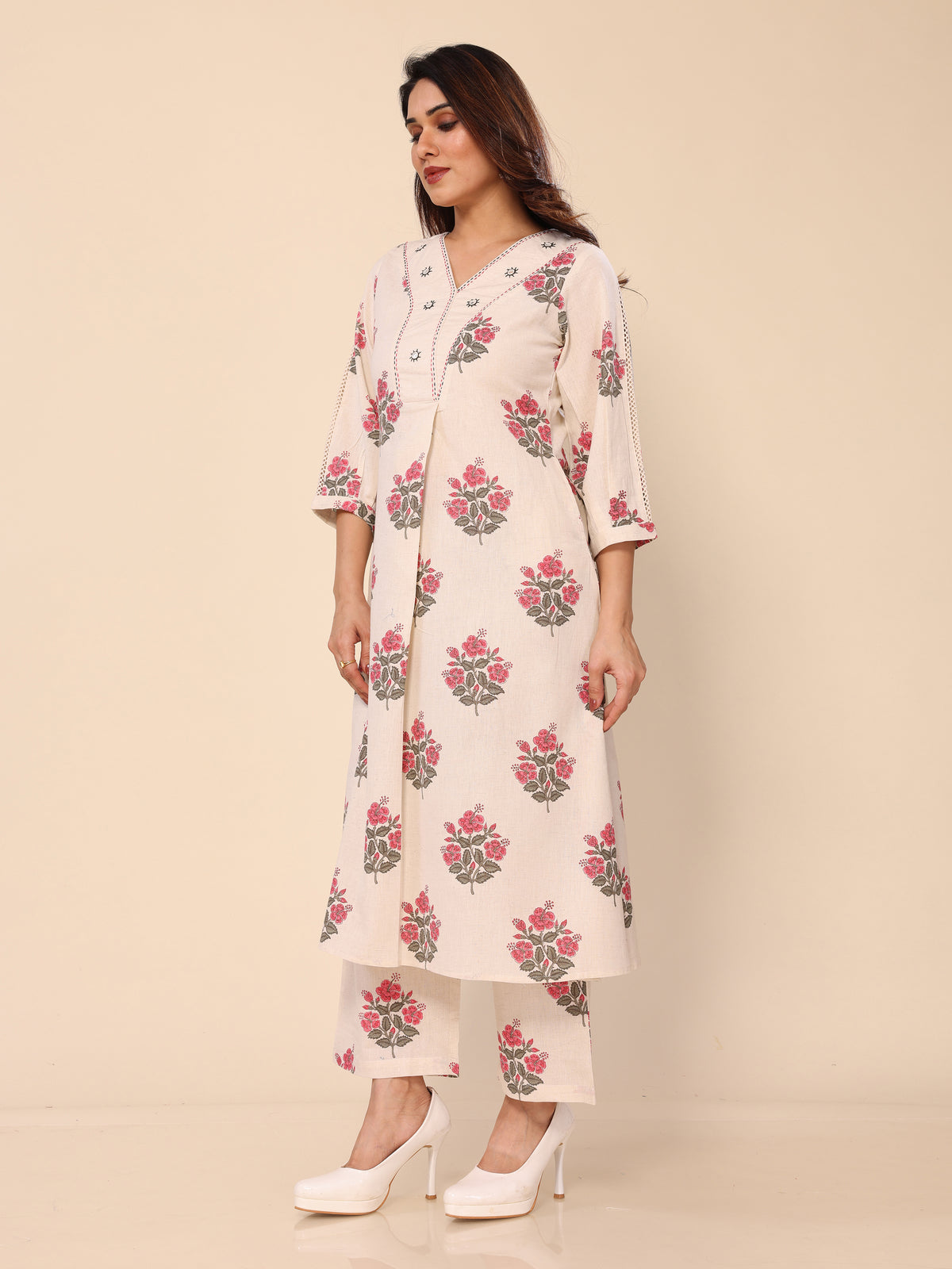 Beige Floral Printed Khadi Cotton Kurta with Palazzo