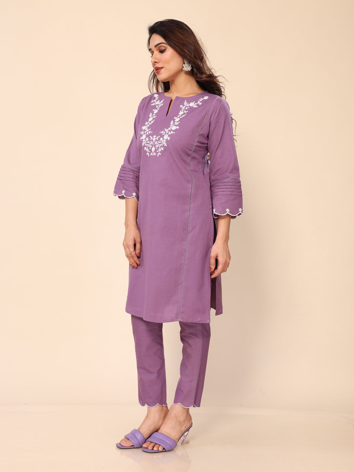 Purple Floral Embroidered Cotton Kurta with Pants