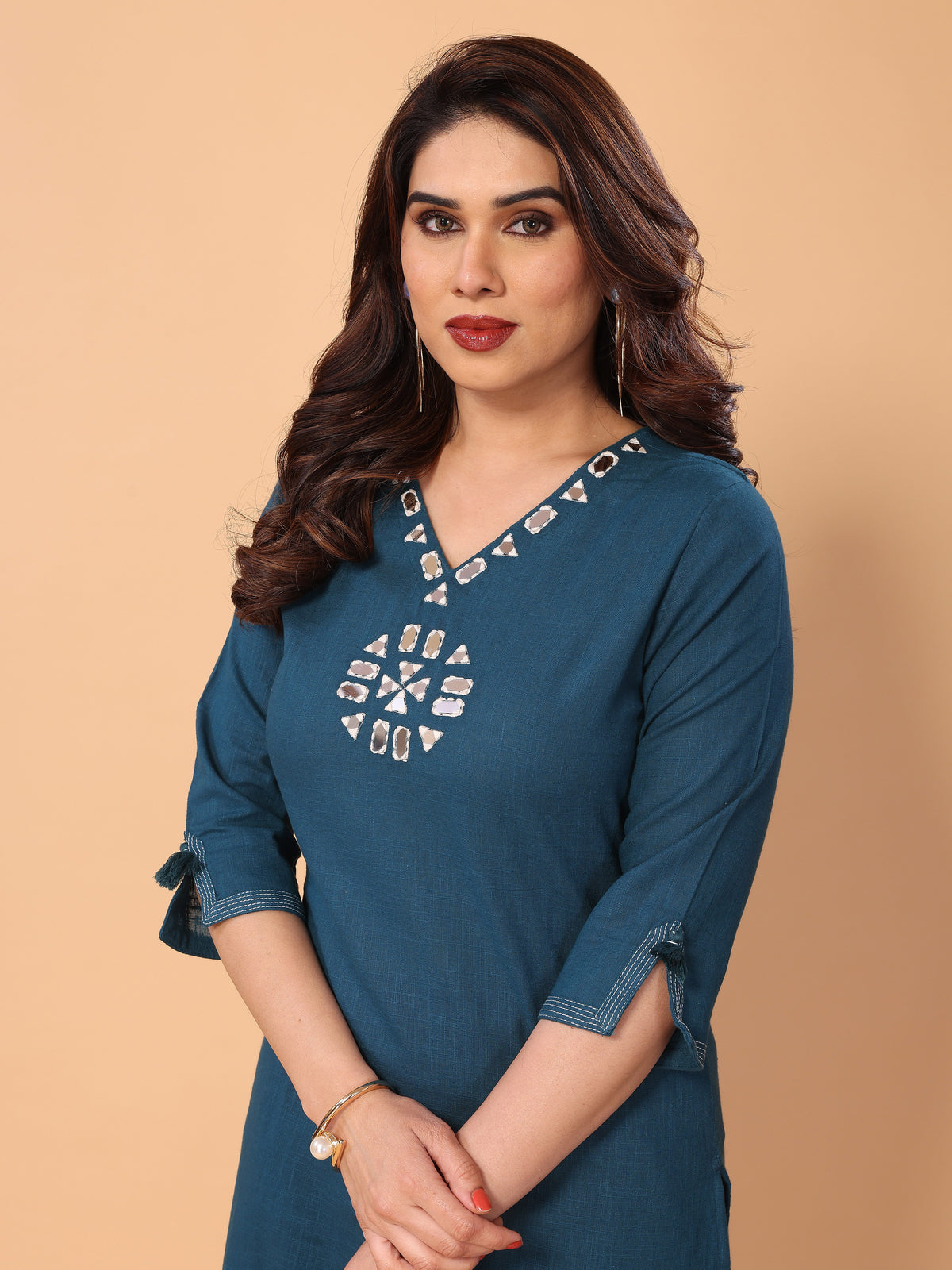 Stylish Cyan Blue Cotton Kurta Pant Set with Mirror Embellishments