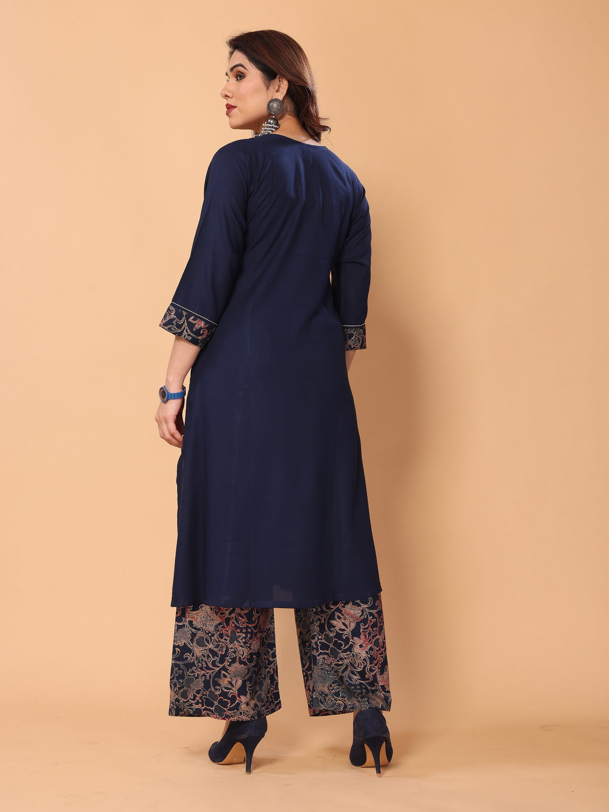 Stylish Navy Blue V Neck Foil Printed Kurta Palazzo Set