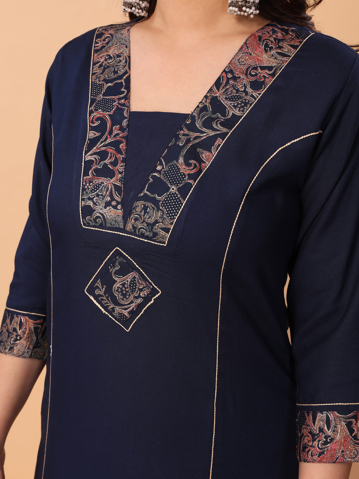 Stylish Navy Blue V Neck Foil Printed Kurta Palazzo Set