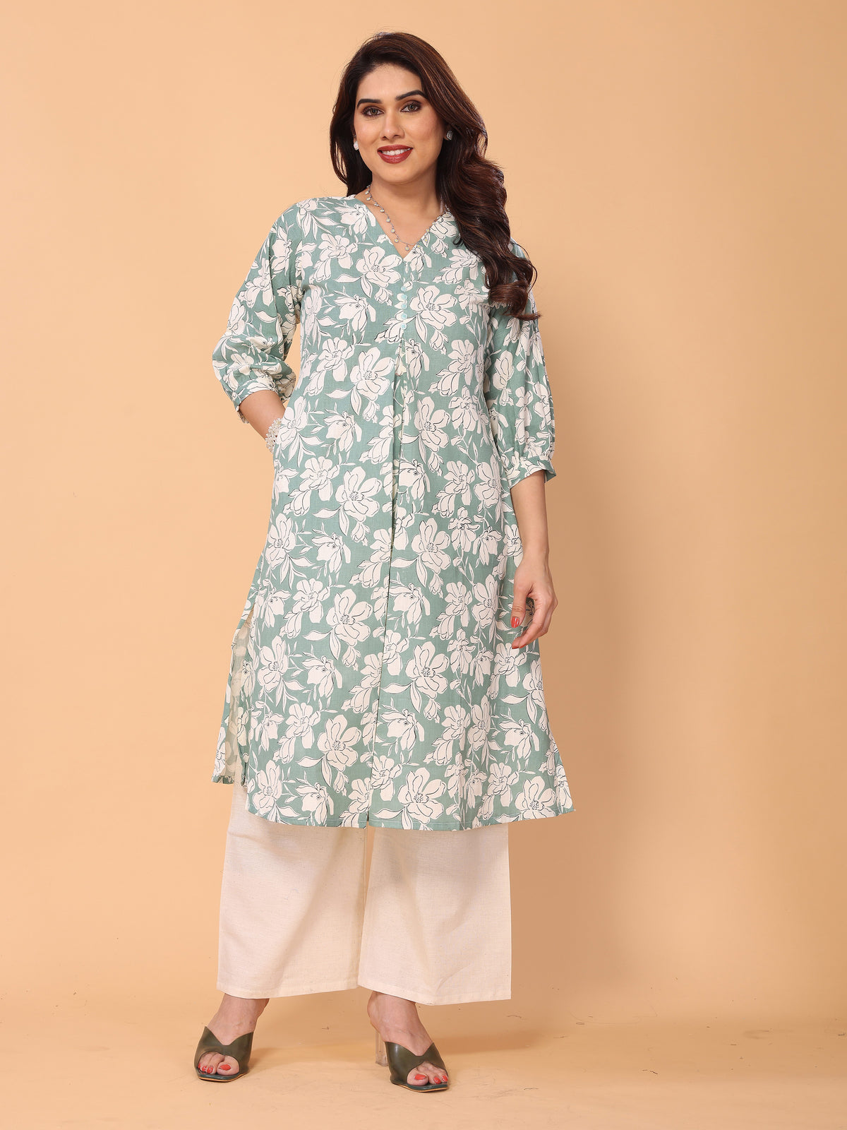 Green Floral Print Kurta Palazzo Set in Cotton – Stylish & Comfortable