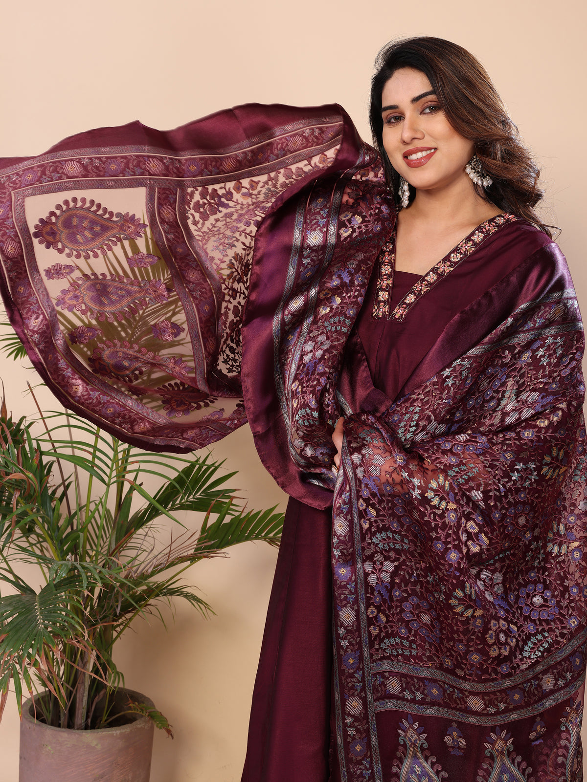 Floral Embroidered Notch Neck Zari Anarkali Kurta With Dhoti Pants & Dupatta
