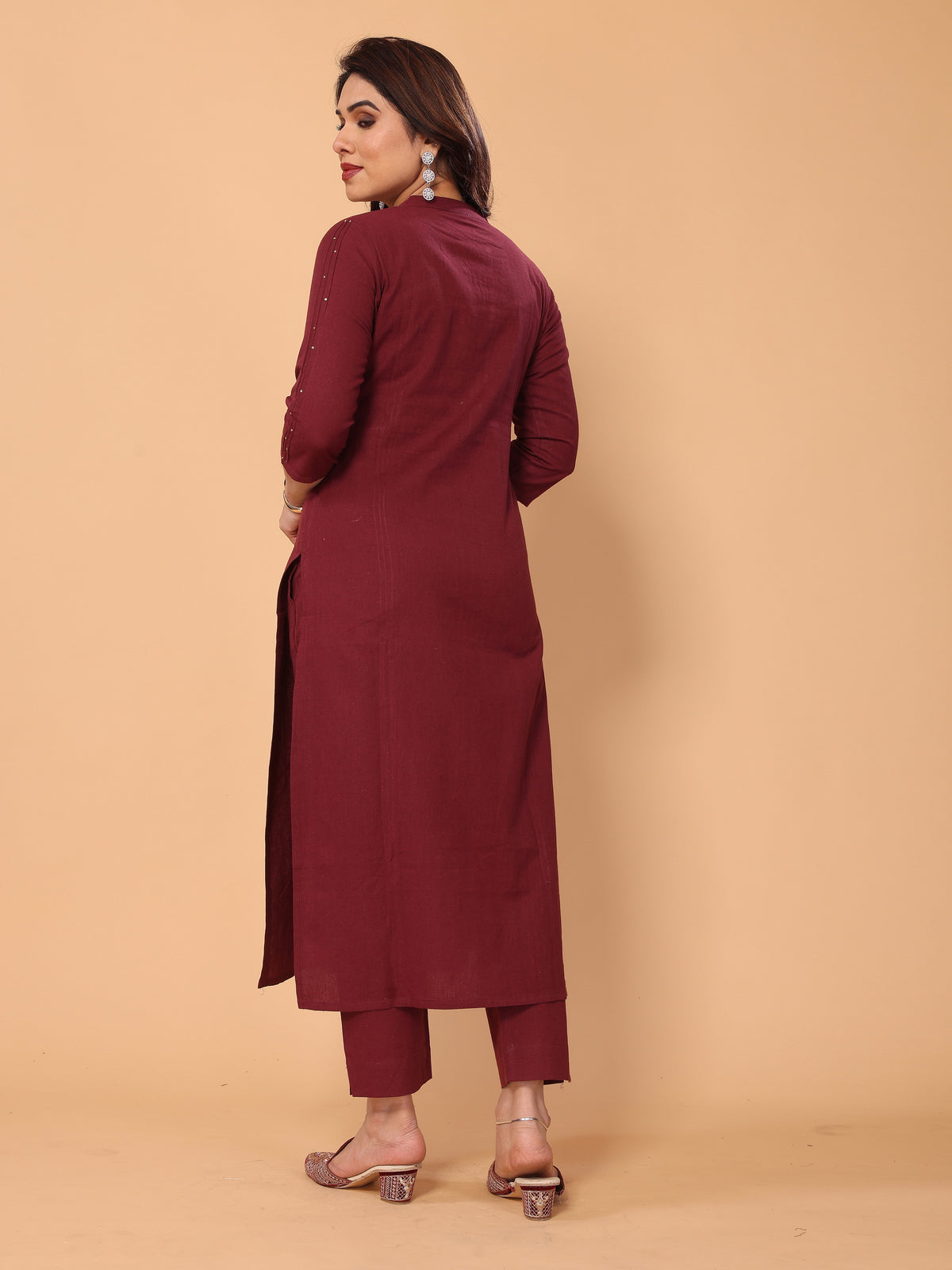 Embroidered Maroon Kurta Pant Set in Cotton