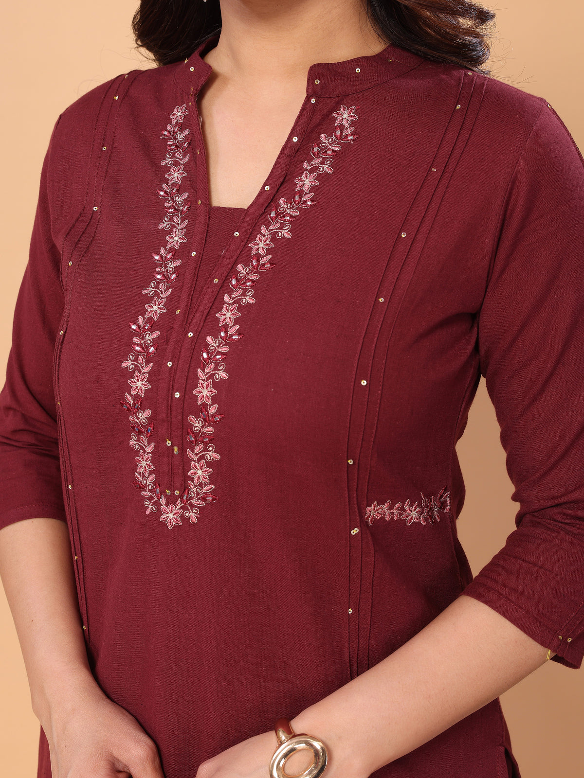 Embroidered Maroon Kurta Pant Set in Cotton