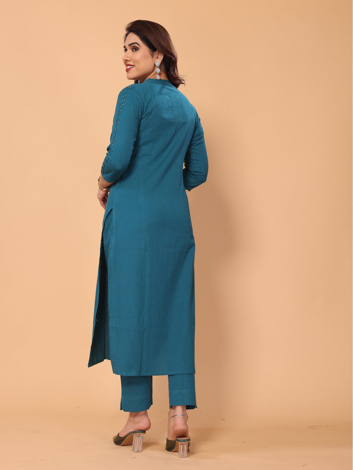 Embroidered Cyan Blue Kurta Pant Set in Cotton