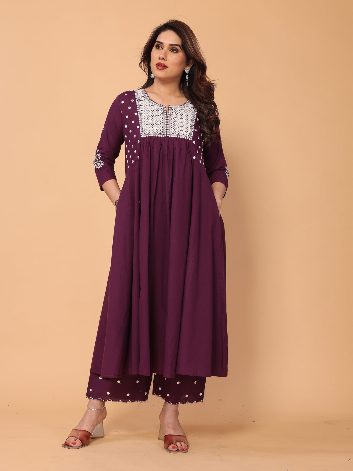 Wine Berry Flared A-Line Mirror Embellished Kurta Palazzo Set