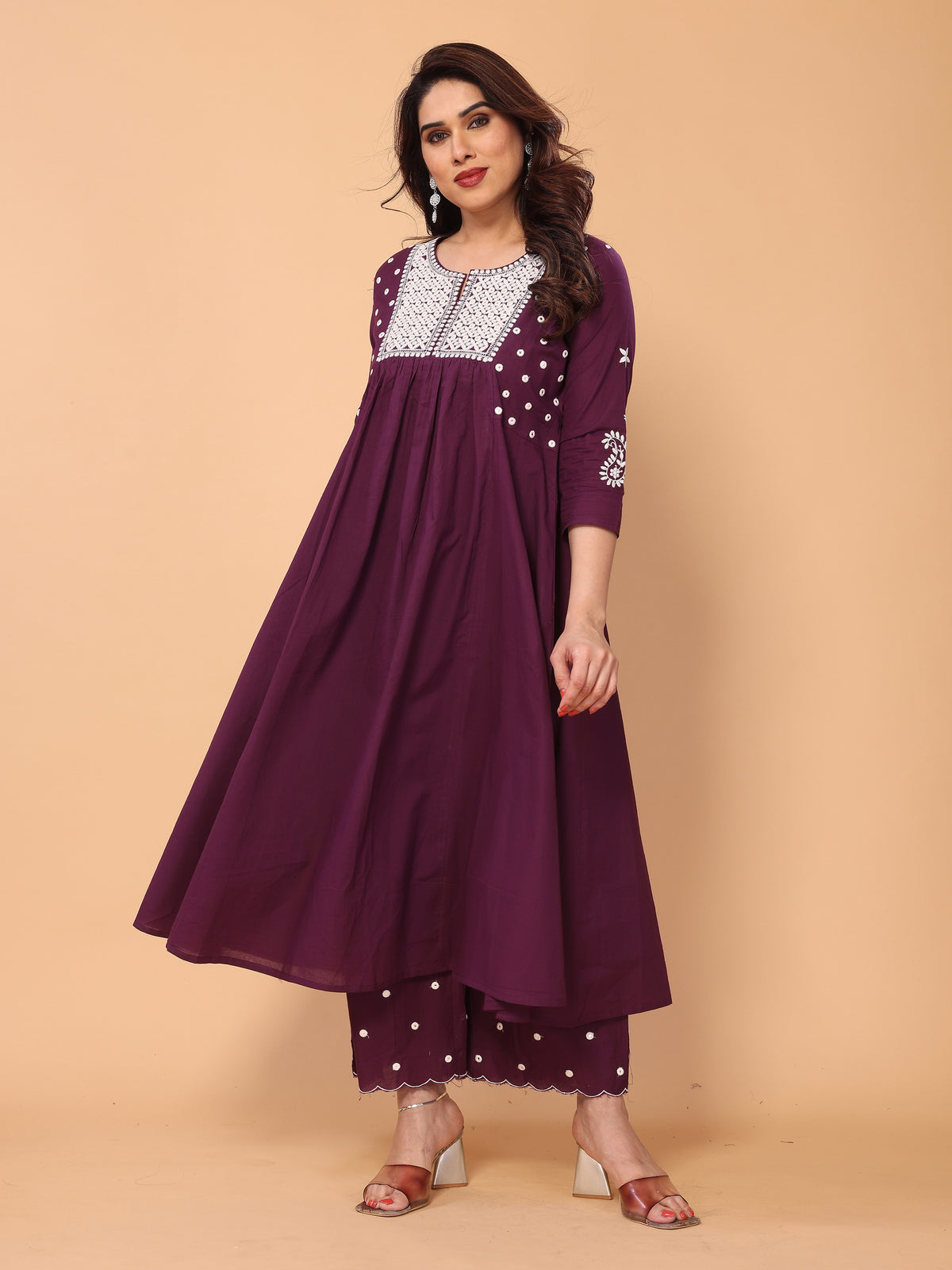 Wine Berry Flared A-Line Mirror Embellished Kurta Palazzo Set