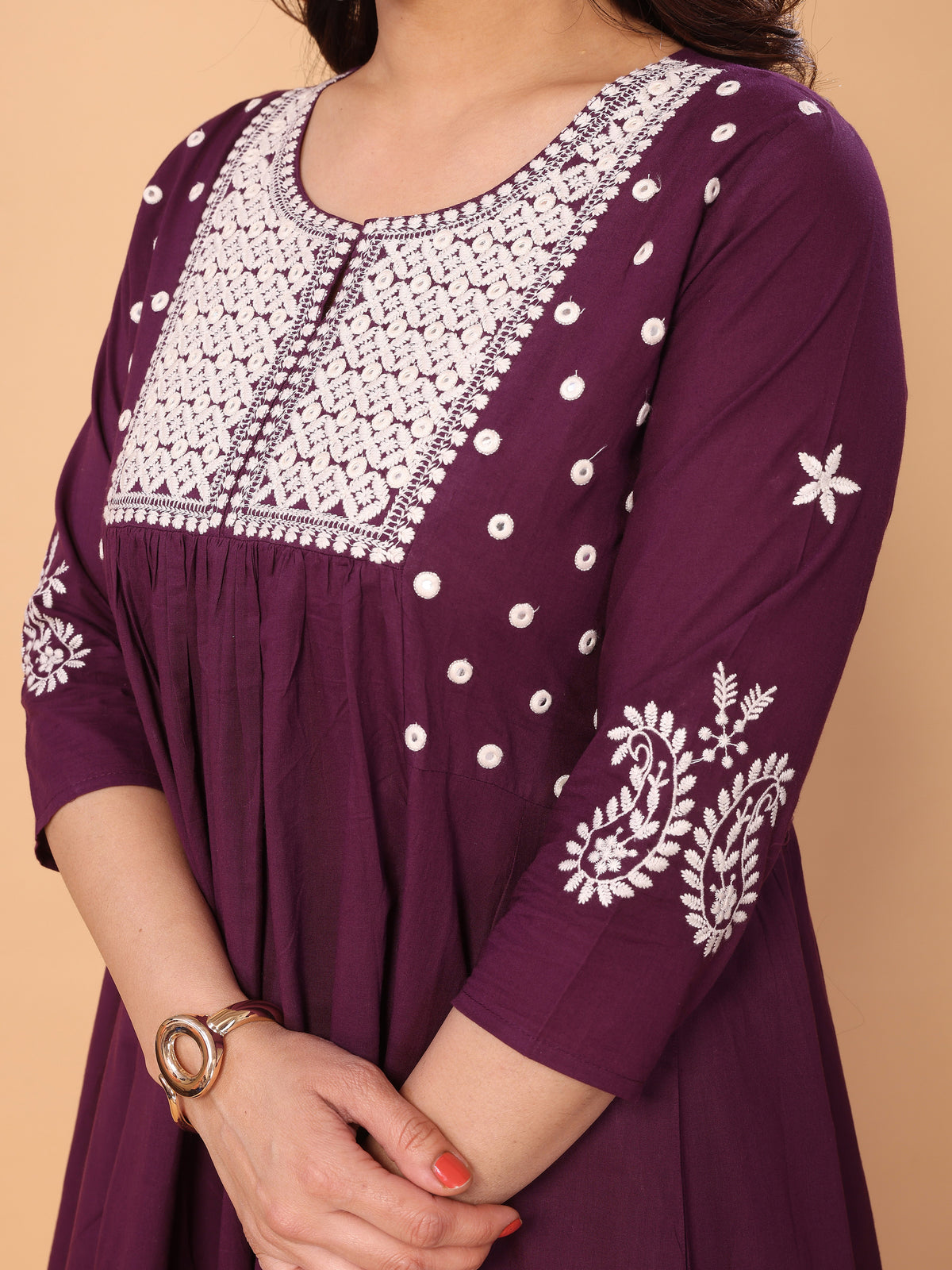 Wine Berry Flared A-Line Mirror Embellished Kurta Palazzo Set