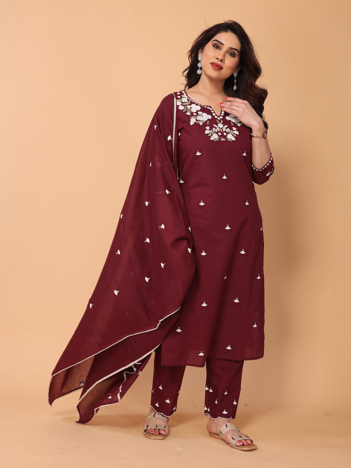 Elegant Wine Berry Floral Embroidered Kurta Pant Set