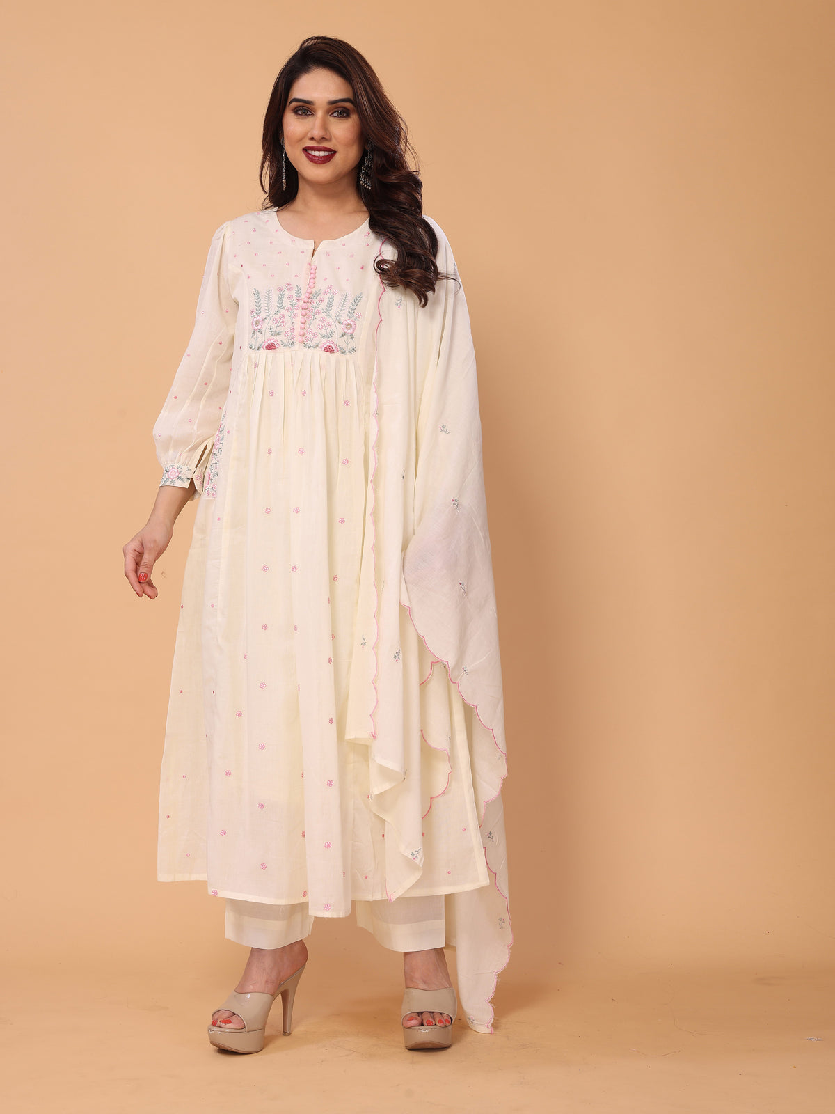 Cream Mul Cotton Embroidered Flared Kurta with Pant and Dupatta